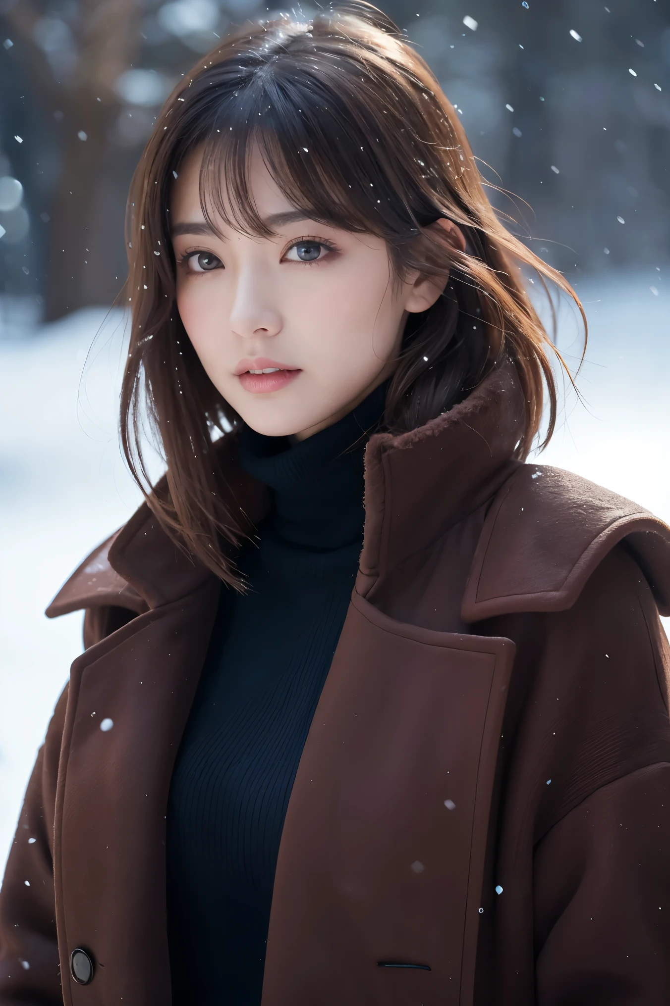 (Tabletop、highest quality、8k、Award-winning works、Ultra-high resolution)、One beautiful woman、(thick and worn, A large fur coat and turtleneck knit for an elegant look:1.3)、Brown Hair、(short hair:1.1)、Spectacular Cinema Lighting、(Romantic affection:1.1)、(The most romantic and moody atmosphere:1.1)、winter、Snow Scene、it's snowing、(Walking in the snow in Northern Europe:1.1)、look at me、(Very large breasts:1.2)、(Accentuate your body lines:1.1)、Blurred Background、Accurate anatomy、Ultra HD Hair、Ultra-high resolutionの完璧な美しい歯、Ultra-high definition beauty face、Ultra HD Hair、Ultra-high resolutionの輝く瞳、輝くUltra-high resolutionの美肌、Ultra-high resolutionの艶やかな唇、(Face close-up:1.1)