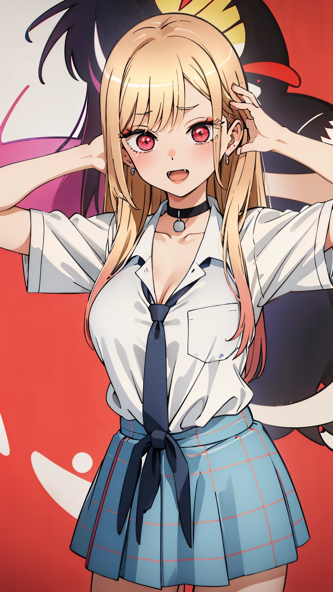,over wear collar shirt,collar shirt,boryeondef, black apron, cleavage, name tag, boryeonleopard, bikini, front-tie bikini top, boryeonswim, swimsuit, gyaru, tan, earrings, fangs, kogal,ajisai,Marin Kitagawa, my dress up darling, blond hair, long hair, red eyes, white top, t-shirt, blue neck tie, blue skirt, short skirt, vibrant colours, best quality, ultra-detailed masterpiece, absurdres, cute, black neck choker