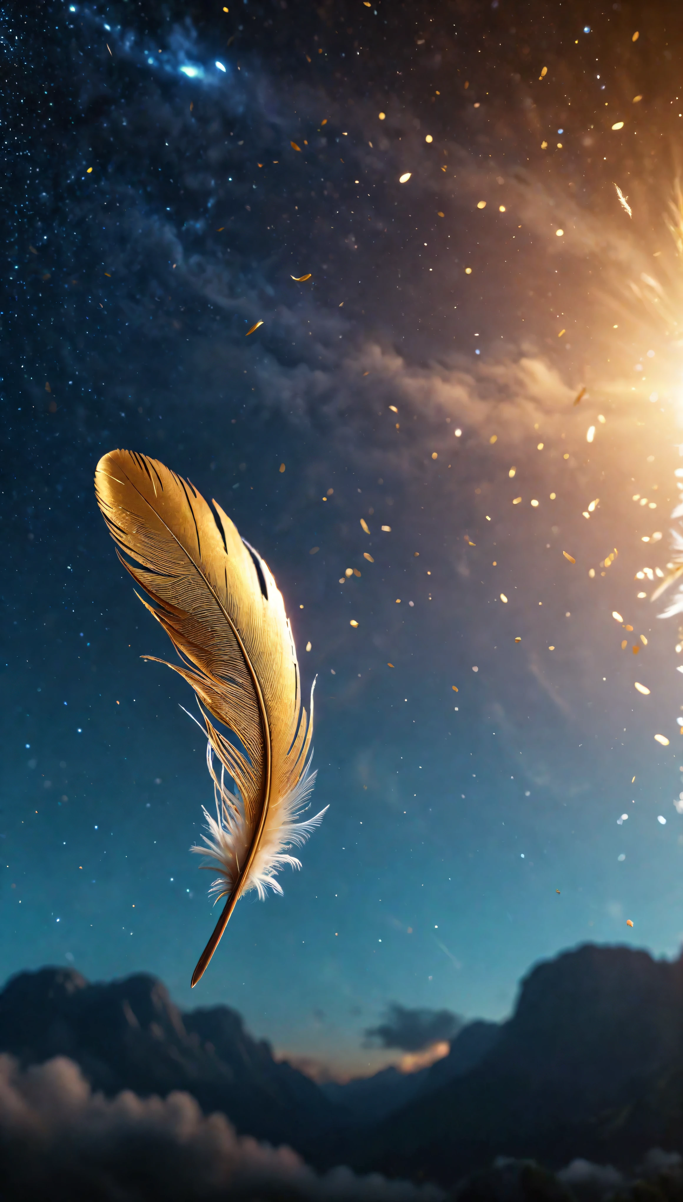 ((Masterpiece in maximum 16K resolution):1.6),((soft_color_photograpy:)1.5), ((Ultra-Detailed):1.4),((Movie-like still images and dynamic angles):1.3),((Wide cinematic lens):1.1). | ((Wide Cinematic shot of small golden feathers floating high in the sky):1.2), ((small golden feathers):1.1), ((floating feathers high in the sky):1.3), (wide cinematic lens), (tyndall effect), (a lot of feathers), (majestic sky), (magical atmosphere), (shimmer), (visual experience) ,(Realism), (Realistic),award-winning graphics, dark shot, film grain, extremely detailed, Digital Art, rtx, Unreal Engine, scene concept anti glare effect, All captured with sharp focus. | Rendered in ultra-high definition with UHD and retina quality, this masterpiece ensures anatomical correctness and textured skin with super detail. With a focus on high quality and accuracy, this award-winning portrayal captures every nuance in stunning 16k resolution, immersing viewers in its lifelike depiction. | ((perfect_composition, perfect_design, perfect_layout, perfect_detail, ultra_detailed)), ((enhance_all, fix_everything)), More Detail, Enhance.