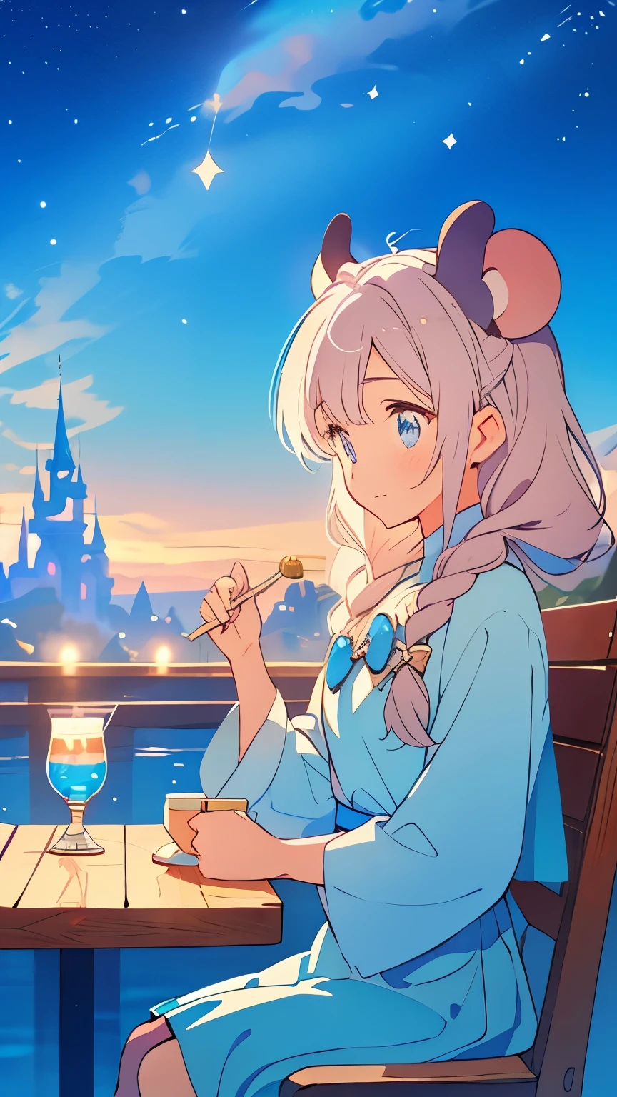 Two mouse-eared women、Elsa and Anna、simple clothes、tea time、starry sky, like Disney Sea.