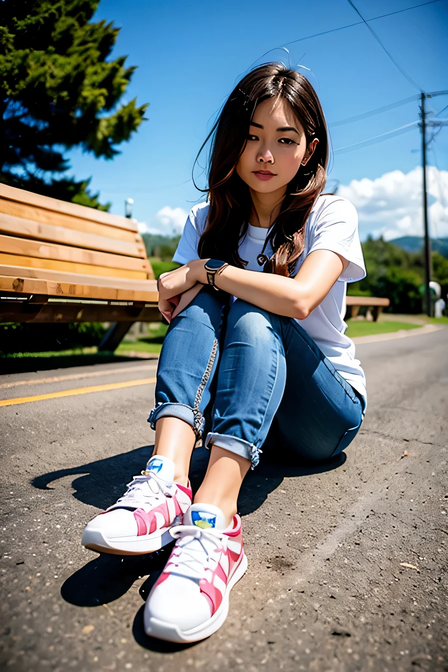 Woman in sneakers , feet, Skinny jeans、Putting on socks、close