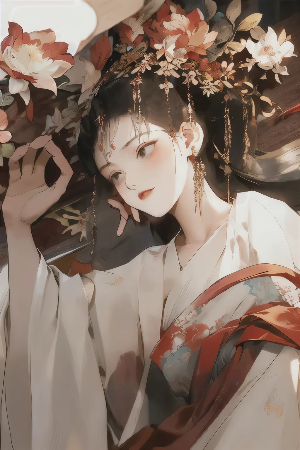 zanhua, whole body, Flowers on head, Hanfu, ruqun, Tang Dynasty, sitting, Floral Background, masterpiece, best quality, Chinese-style room full of red lanterns, ((Rich Chinese red)), Gold decoration, wooden furniture, Mahogany chairs, Exquisite picture, Golden dragon pattern wallpaper, Red silk curtains, exquisite porcelain, Red flower decoration, Dark carpet, Dim candlelight, soft music, And quiet atmosphere
