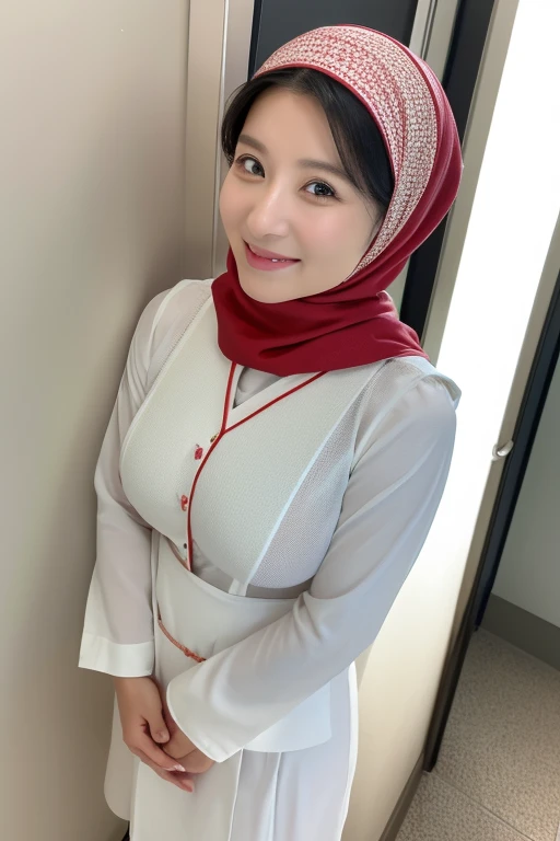 (1woman)、(Japanese、45years old、Refreshing、clear、seems kind、stylish、(narrow eyes)、Pitiful、cute like an angel、cute、black eyes、,actress,Slit eyes), Good style , (Beautiful big breasts:1.0),(soft breasts),(very cute),(wearing white long pashmina hijab),(enchanting eyes),(highlight on eyes:1.2)、(8K、Live shooting、highest quality、masterpiece:1.2、optimal lighting)、((masterpiece)),(Photo taken by a professional photographer),(real、photo real:1.4),break,{ (white nurse costume),(((traditional nurse uniform))),(((nurse custome unbuttoned loose opened, showing the breasts and nipples))),(white nurse mini skirt),(( pantyhose)),(cleavage:0.9)},(Smile1.0),(cheeks are red:1.2) ,Looking at viewer, break, break,Hospital 、corridor, full body photo shoot