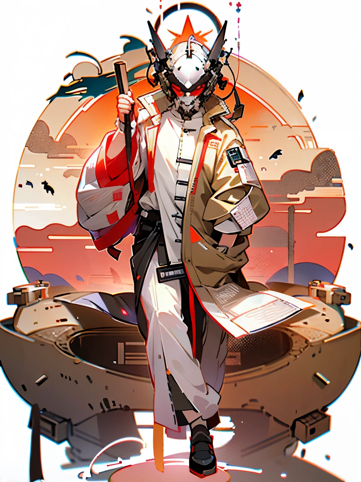 masterpiece, best quality, He is an old man with a futuristic sense.,The face of vicissitudes,Grandpa,Silhouette figure,Chinese Land God,Holding a cane with a gourd hanging on it,Traditional image of the God of Land,Tradition meets modernity,Chinese style,Wearing a fantastic cyber helmet,LED lights and halo on the helmet, Wearing a sand-colored Techwear jacket with "Peace in the World" written on it, Full body white background