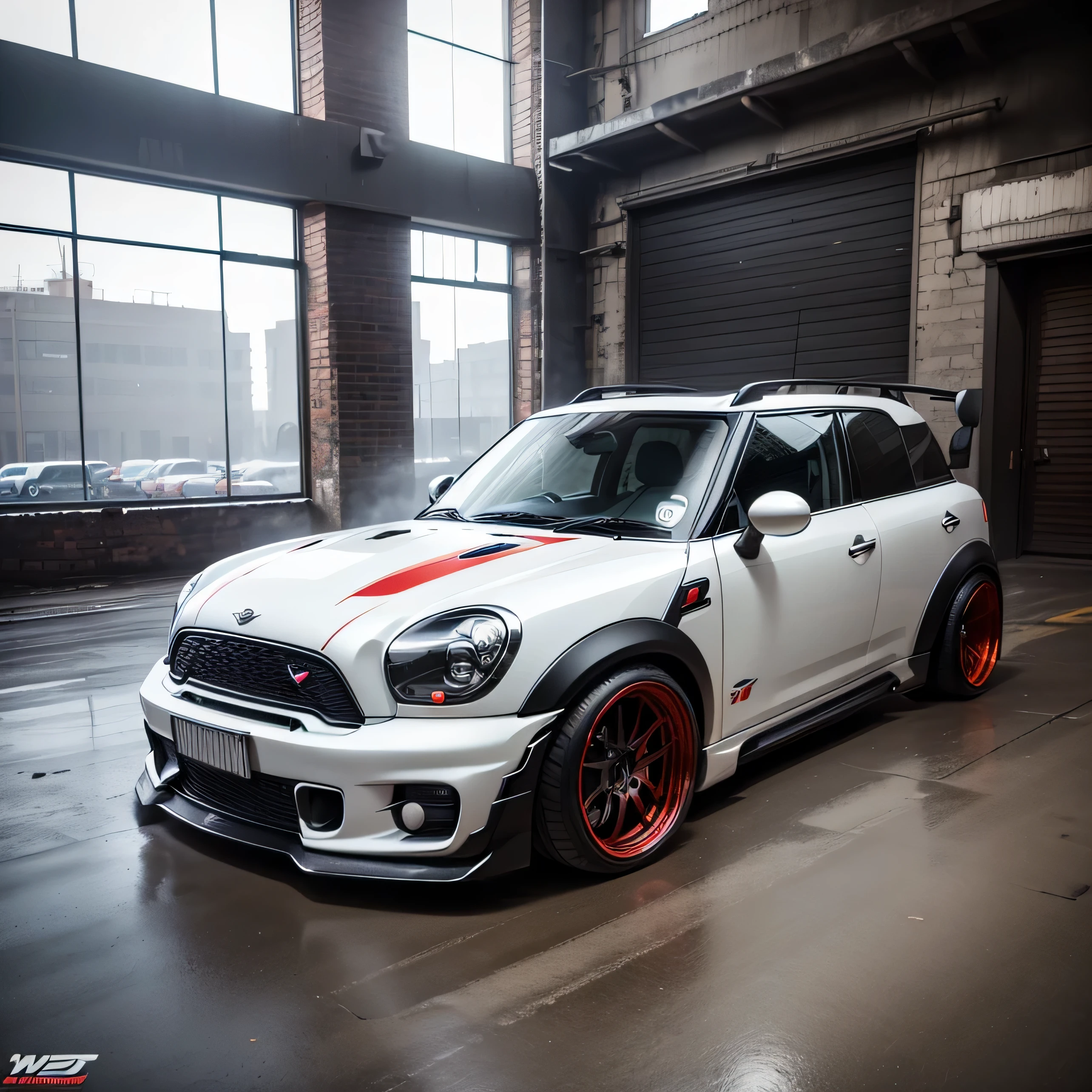 white Classic Mini Countryman, ((carbon fibre, Liberty walk ultra wide body kit)), aggressive stance ((background: inside old industrial style building, large windows in background, overcast sky, heavy industrial look, cobble stone street)), 8K quality, realistic, realism, sharp, detailed, ultrawide, black and carbon fibre and deep candy apple red scheme, front profile, epic stance, epic ultra wide body kit, super low stance, aggressive looks