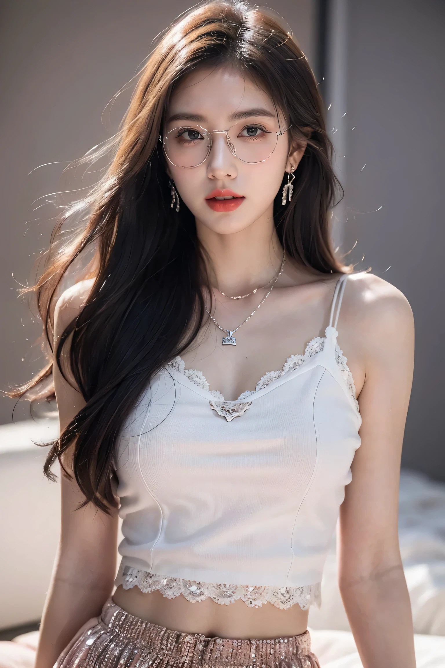 Top CG, Highest image quality, masterpiece, Gentle and beautiful girl, (185cm美女), (fit), Imperial sister, Queen temperament, White skin, ((Long legs)), perfect facial features, Bright Eyes, Seductive pose, Red lips, Beautiful and cold (A major breakthrough)), Beautiful and heroic, Soft and long hair, Glittering, Lace, net, Visible through clear skin, wear glasses, Diamond Earrings, ruby neckLace, (Pink high-end skirt), 8K Image Quality, (Realistic Portraits), Characters fill the screen, (Facial lighting), ((eternal)