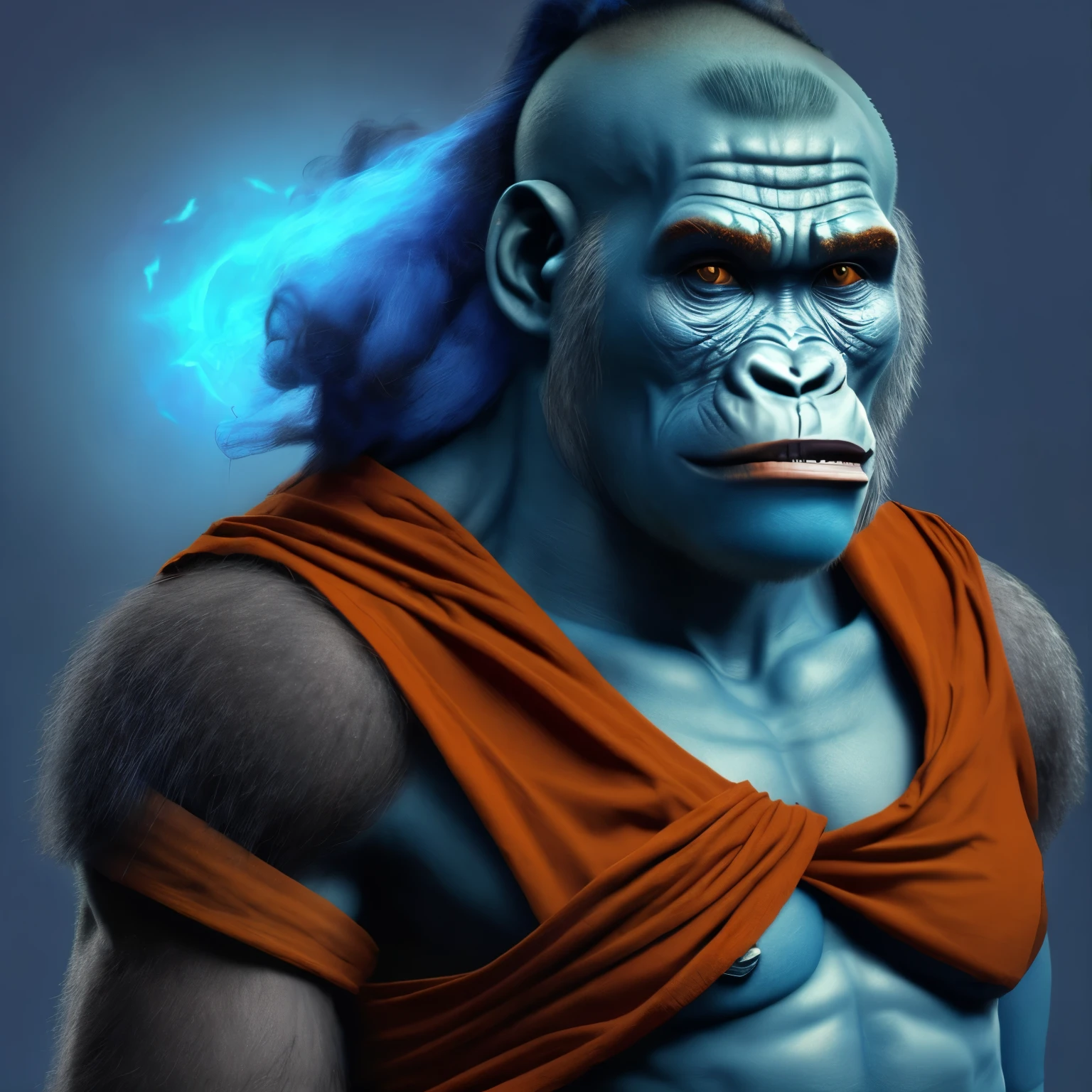 Half orc, warrior monk of the astral path, astral form of a gorilla, 16 years old, long hair on top and shaved on the sides, clothes with blue, orange and red colors
