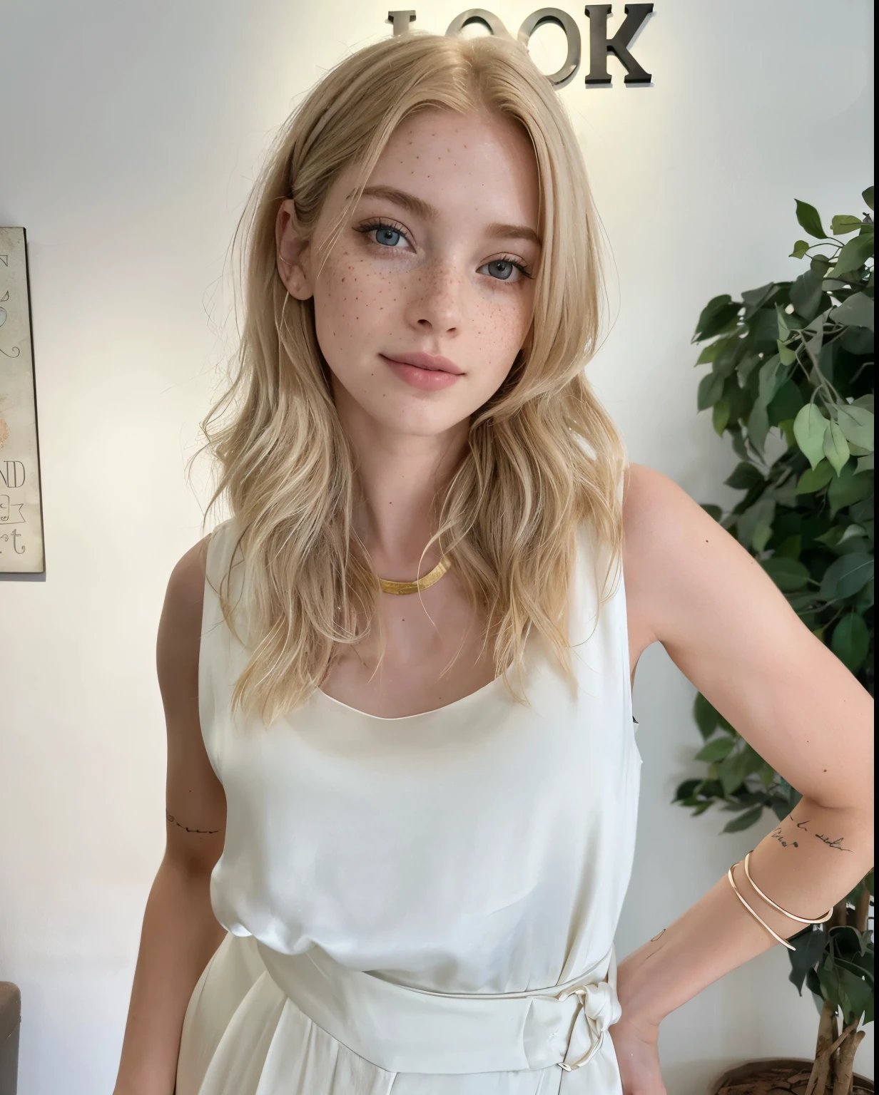 mulher, americana, 25 anos, pale skin and freckles, olhos cinzas, nariz delicado, soft and delicate lips, longo, cabelo blondie longo e ondulado na altura da cintura, sorriso meigo, face with delicate feminine facial features, altamente renderizado