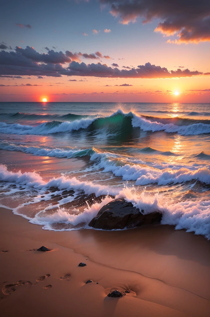 Create a hyper realistic photo contain an outstanding scene of sunrise on a beach. 