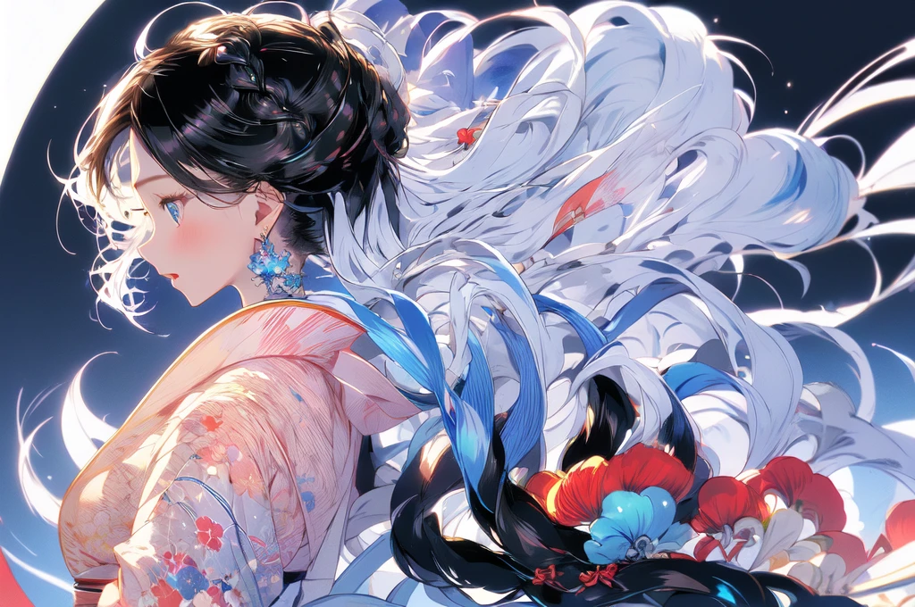 (masterpiece:1.2), best quality,PIXIV,Colorful portraits,
1girl, solo, jewelry, earrings, long hair, braid, profile, upper body, bangs, blue eyes, from side, veil, bow, kimono, long sleeves, japanese clothes, white hair, black background, single braid, blush, see-through
