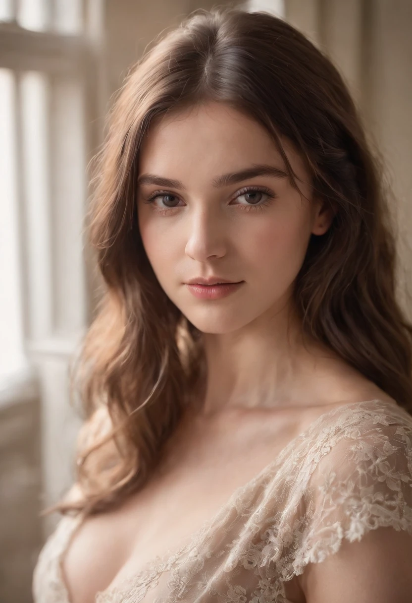 A photorealistic portrait of a 19-year-old french girl with long, flowing brown hair with a bang and striking brown eyes. She should have a natural, approachable expression and be illuminated by soft, golden-hour sunlight.She makes Boudoir photography with sexy lingerie and makes sexy poses