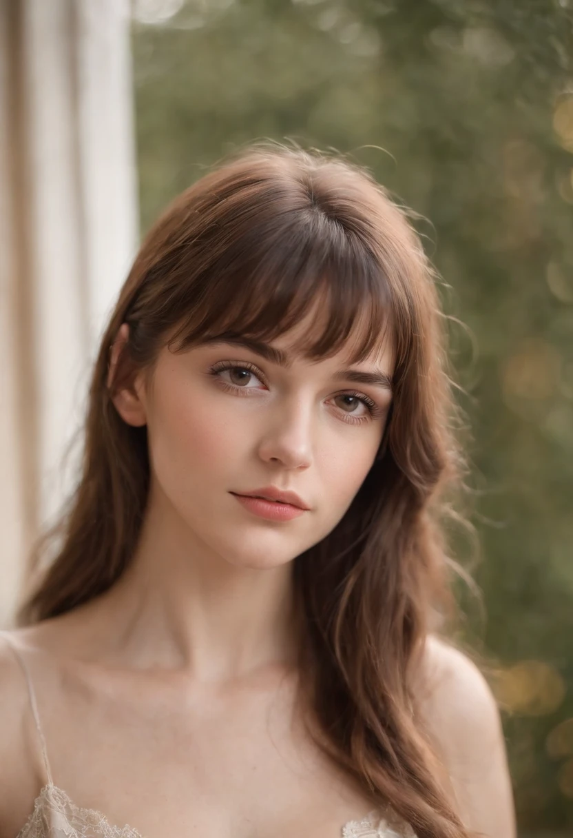 A photorealistic portrait of a 19-year-old french girl with long, flowing brown hair with a bang and striking brown eyes. She should have a natural, approachable expression and be illuminated by soft, golden-hour sunlight.She makes Boudoir photography with sexy lingerie and makes sexy poses