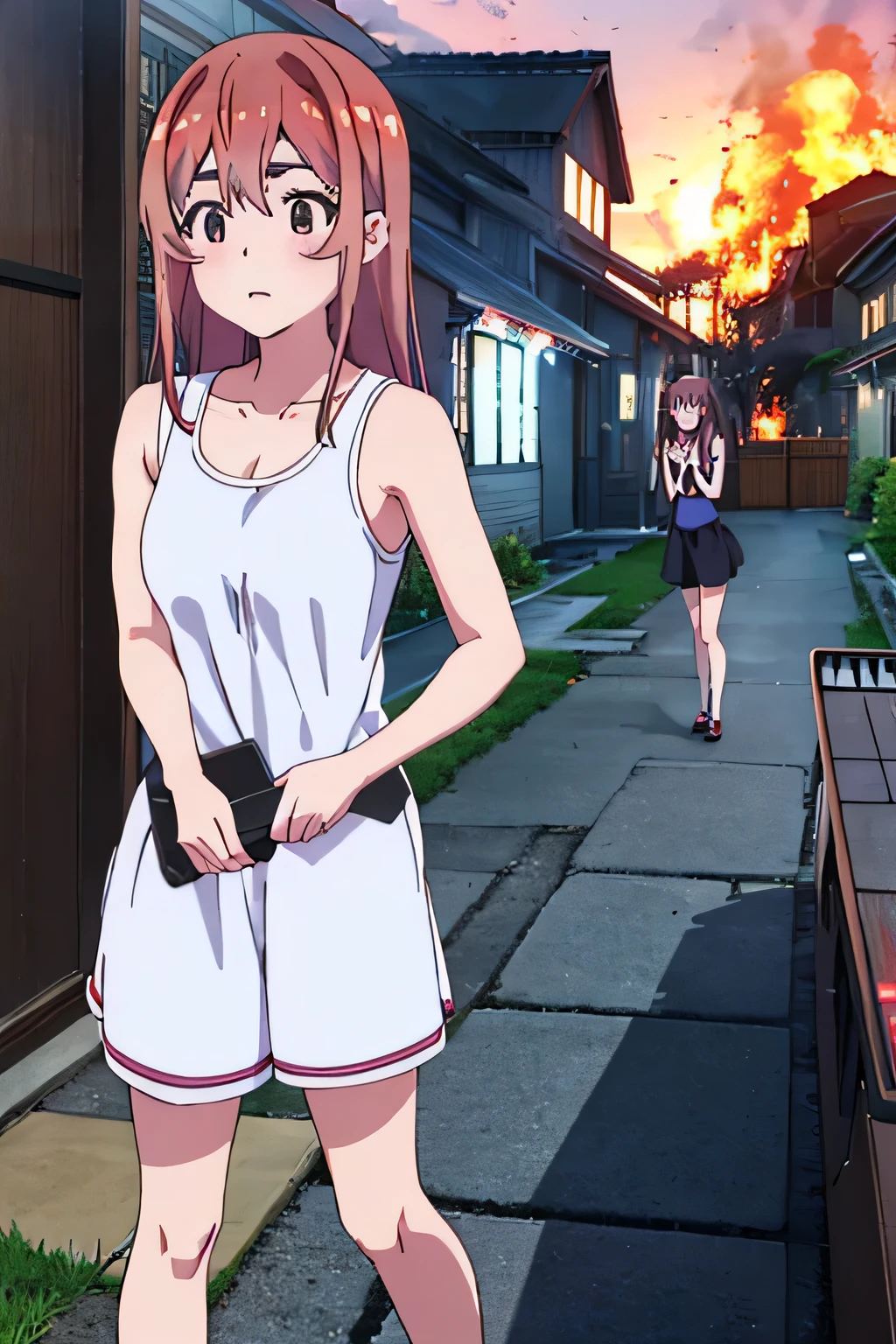 Sumi Sakurasawa、midnight、1 girl、Crouched down and holding a lit lighter、Black tank top、sexy black shorts、Female thief、In front of the front door of the house、Set fire to a pile of newspapers in front of the entrance、house burning in fire