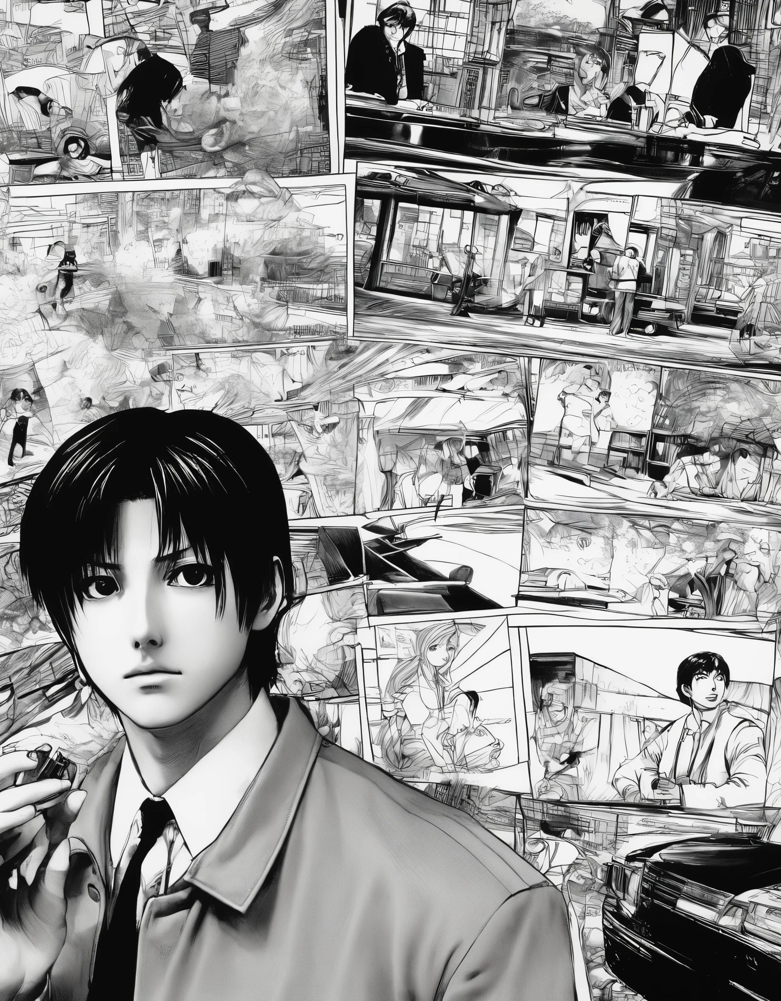 realistic manga，The foreground is a close-up of a character，The background is a comic storyboard，Random Scenes，Big picture