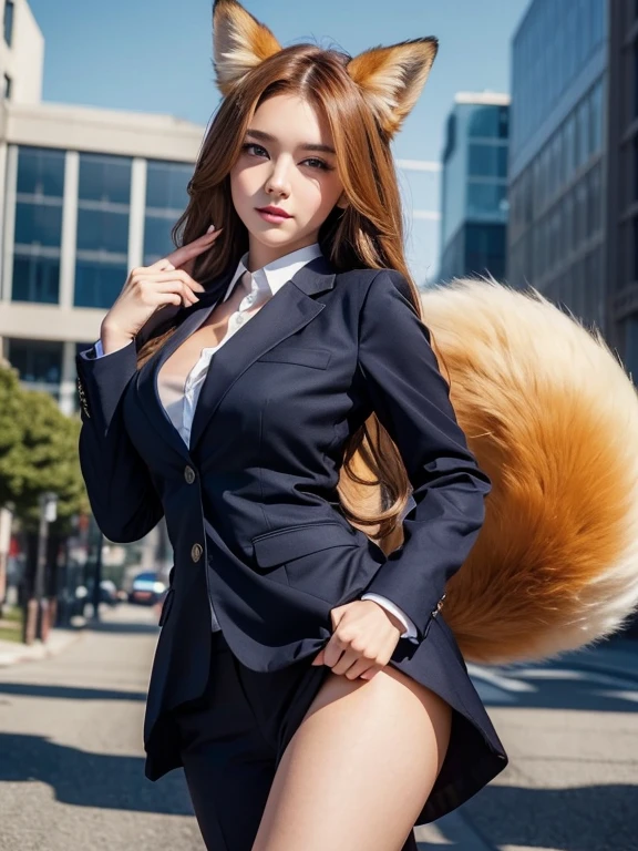 ((highest quality)), ((masterpiece)), (Get used to it), public, Perfect Face, Fox Girl, Beautiful woman, She has a fluffy fox tail, She wags her tail, Troubled face, Collars and Leads, She is wearing a business suit, Beautiful Hips, Big tail, A tail sticking out from a business suit