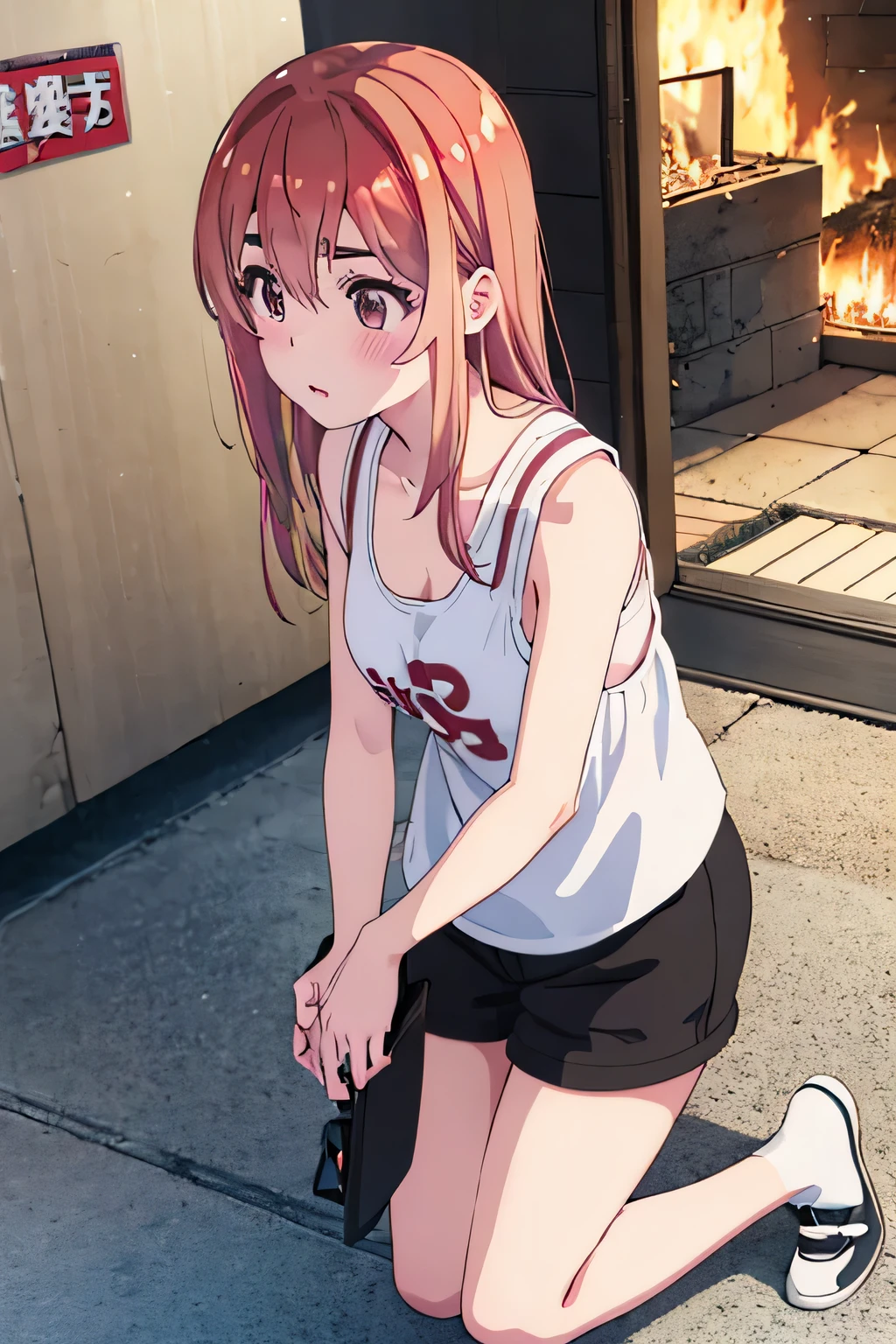 Sumi Sakurasawa、midnight、1 girl、Crouched down and holding a lit lighter、Black tank top、sexy black shorts、Female thief、In front of the front door of the house、Set fire to a pile of newspapers in front of the entrance、fire