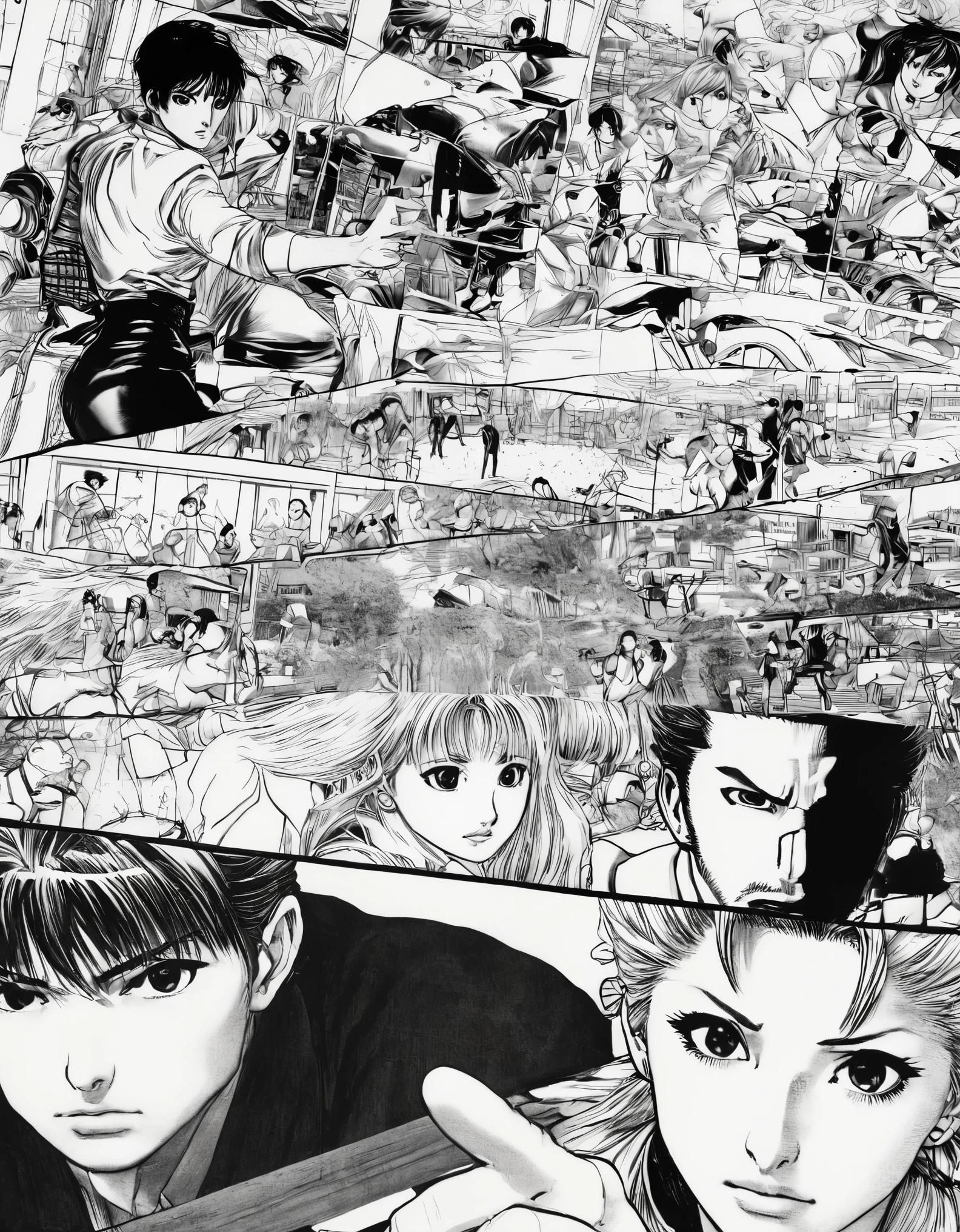 realistic manga，The foreground is a close-up of a character，The background is a comic storyboard，Random Scenes，Big picture