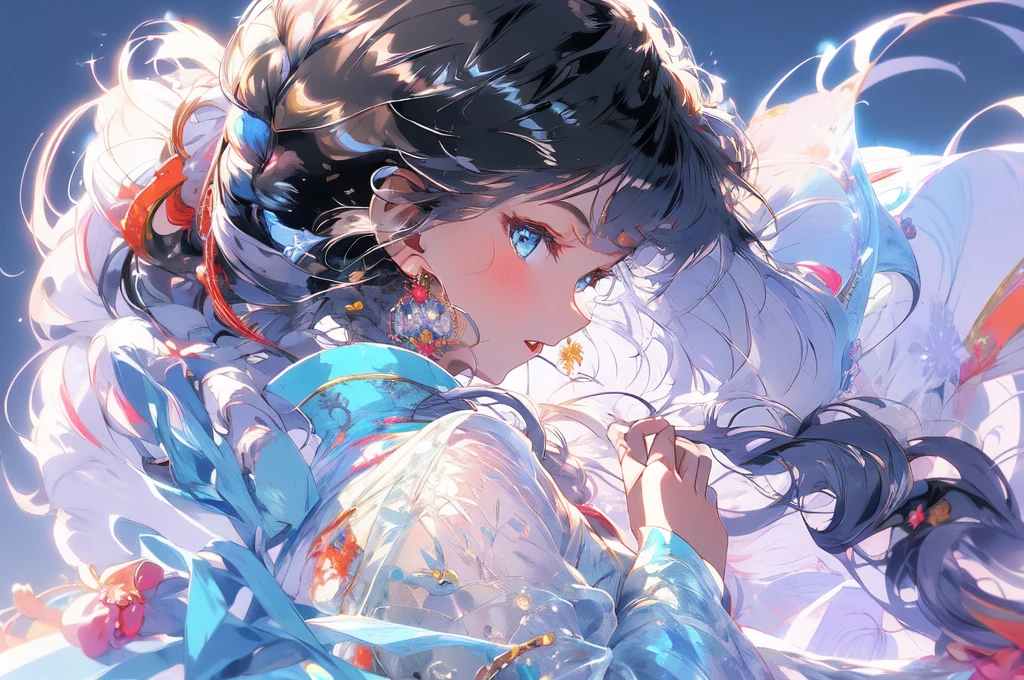 (masterpiece:1.2), best quality,PIXIV,Colorful portraits, 
1girl, solo, jewelry, earrings, long hair, braid, profile, upper body, bangs, blue eyes, from side, veil, bow, kimono, long sleeves, japanese clothes, white hair, black background, single braid, blush, see-through
