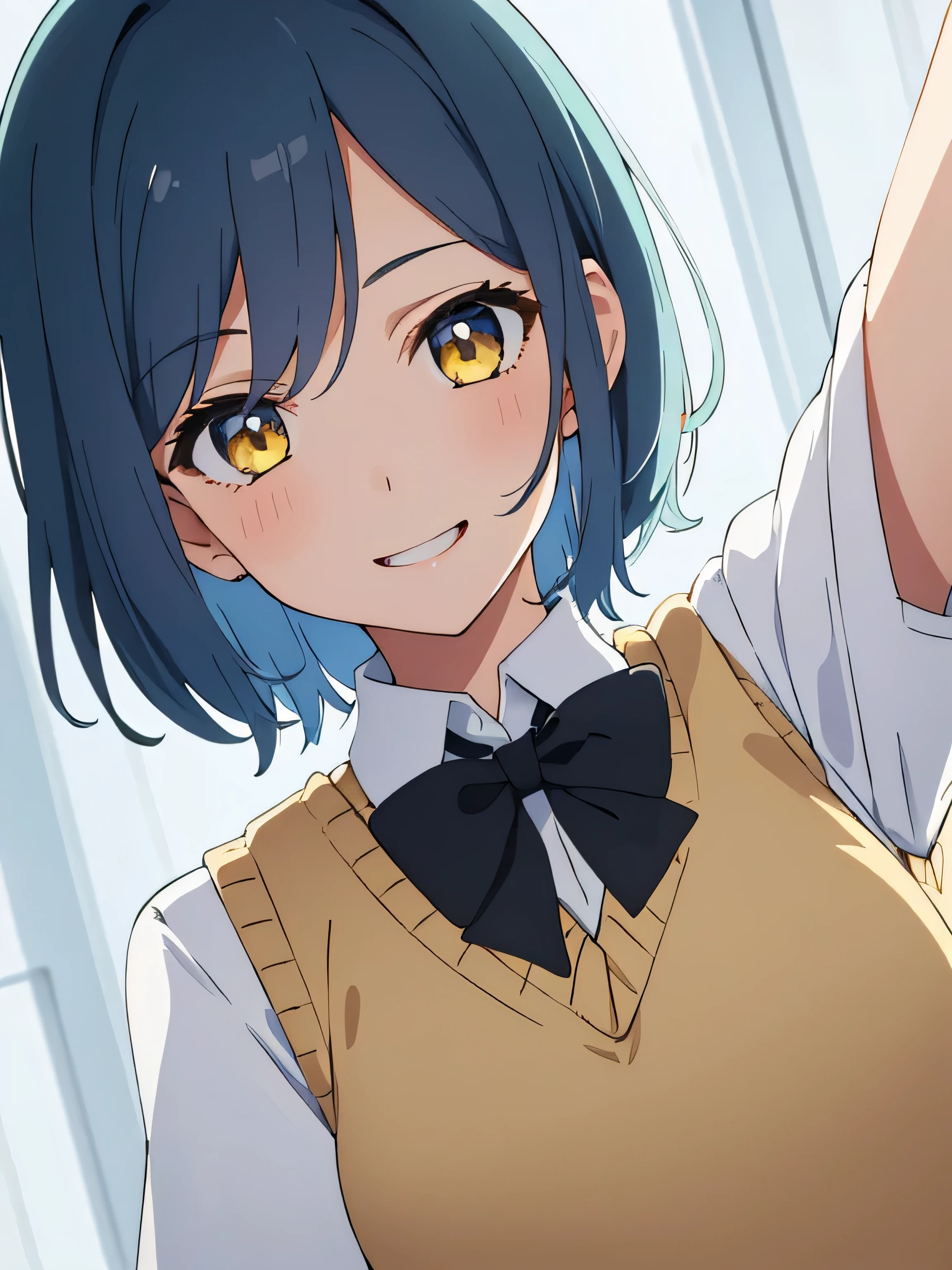 beautiful  lighting, 1girl in, solo, Sky blue hair, short hair length, Golden Yellow eyes colour, white  shirt, Sweater Vest, Black vest, Blue tie, ((anime styled))、((2D))、A smile、Open your mouth, (masterpiece)