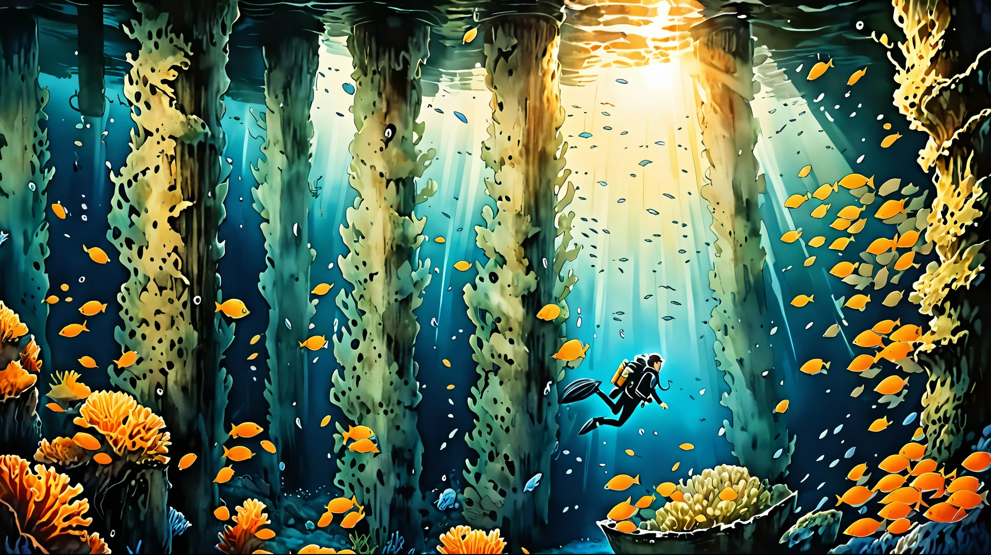 Line drawing illustration of a diver in an underwater oyster farm with oysters growing on the pillars，(high resolution:1.2,Ultra HD,Underwater),Amy Ross,scuba diving,shipwreck,Clear space,nebula,Fish swim,Sun rays,deep sea exploration,adventure,探索未知Underwater world,Marine Life,diver,depth,Underwater摄影,rich and colorful,Remote Locations,adventure sports,shipwreck探索,Rich biodiversity,Bright colors,Detailed texture,Water reflection,Sunlight penetrates water,A journey of discovery,depth知觉,A thrilling experience