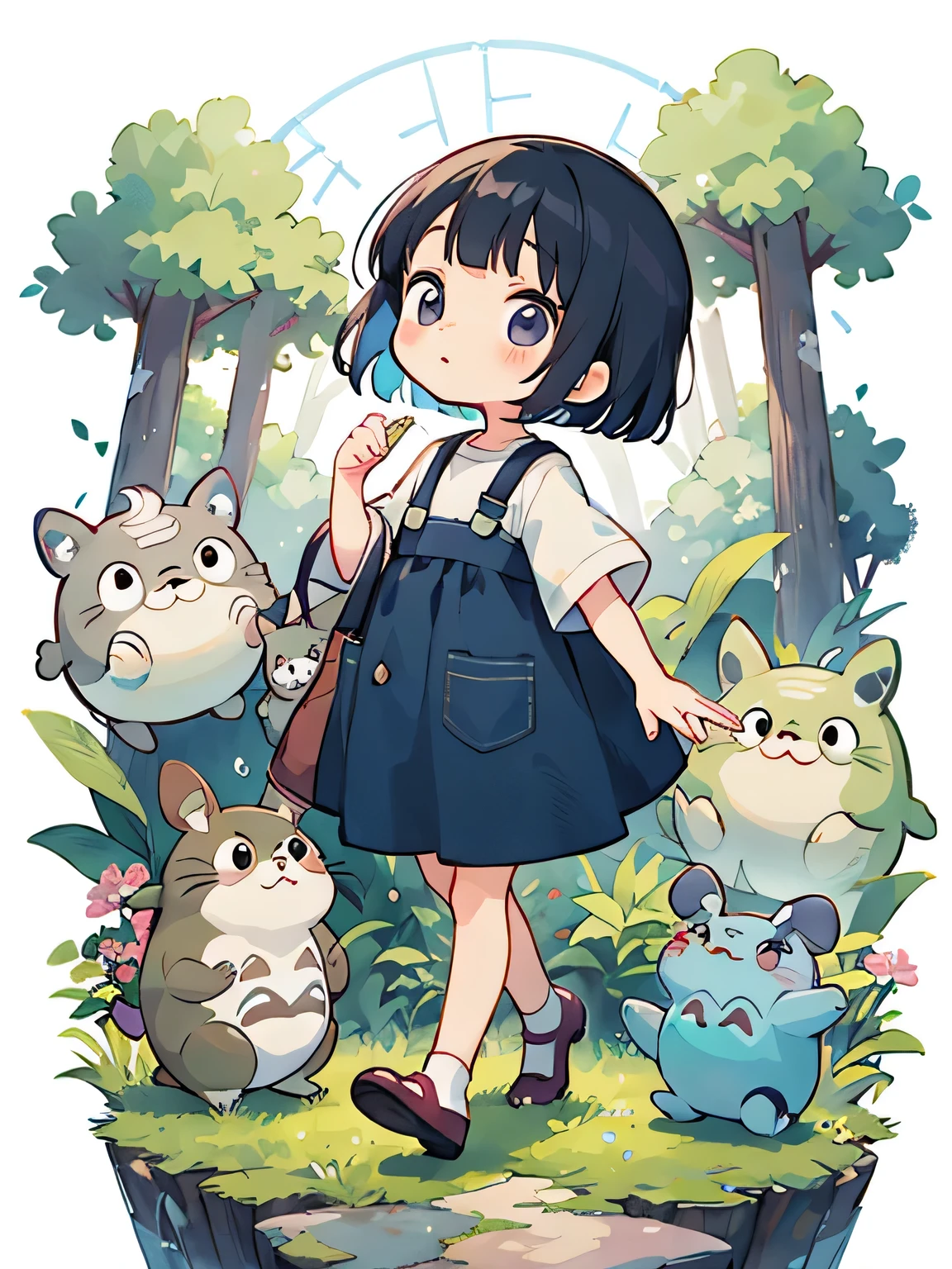 Hayao Miyazaki Style, Kawaii Design, My Neighbor Totoro、most beautiful girl ever、Chibi, Colorful bob hair、((Lots of friends))、Totoro Forest