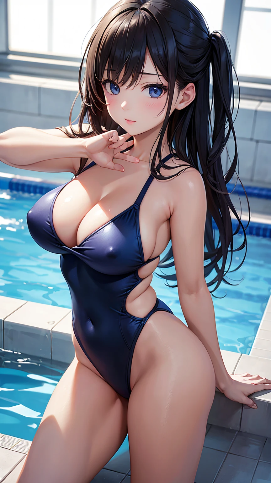 Highest quality、masterpiece、Realistic Porn Pictures、Dynamic Angle、Dynamic Pose、Moody 、Swimsuit、Awesome style、At the school pool