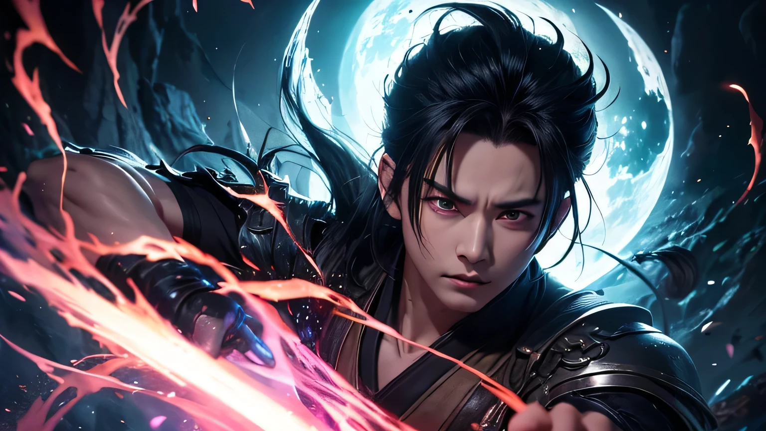 An 8k masterpiece, highest resolution, every detail, meticulous detail, depth of field, bright colors, beautiful composition: anime character Gohan impresses with his black hair and glowing eyes Beautifully detailed lighting, standing against a dark and ominous background. This handsome demon slayer is the epitome of bad guys in the fantasy art. wearing a shirt.