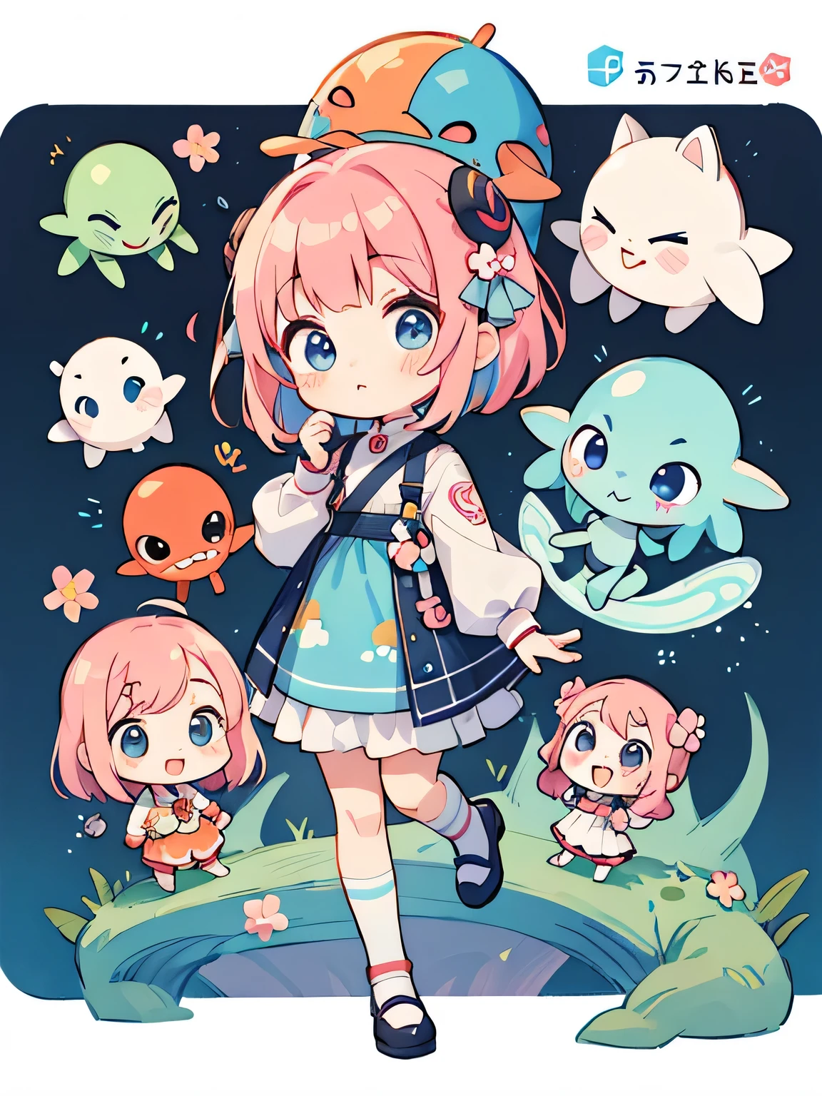 Momoko Sakura style, Kawaii Design, (((many people)))、Very cute alien、Chibi, Colorful bob hair、((Lots of friends))、(((alien)))、