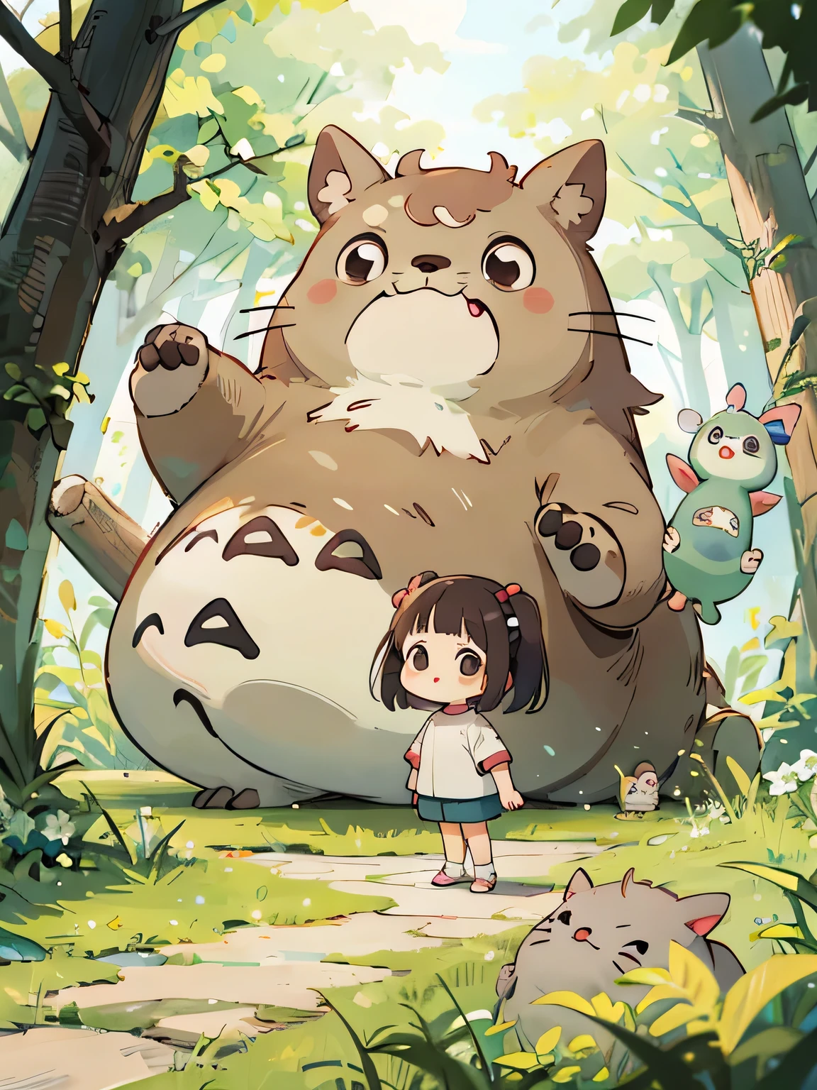 My Neighbor Totoro Style, Kawaii Design, most beautiful girl ever、Chibi, Colorful bob hair、((Lots of friends))、Totoro Forest