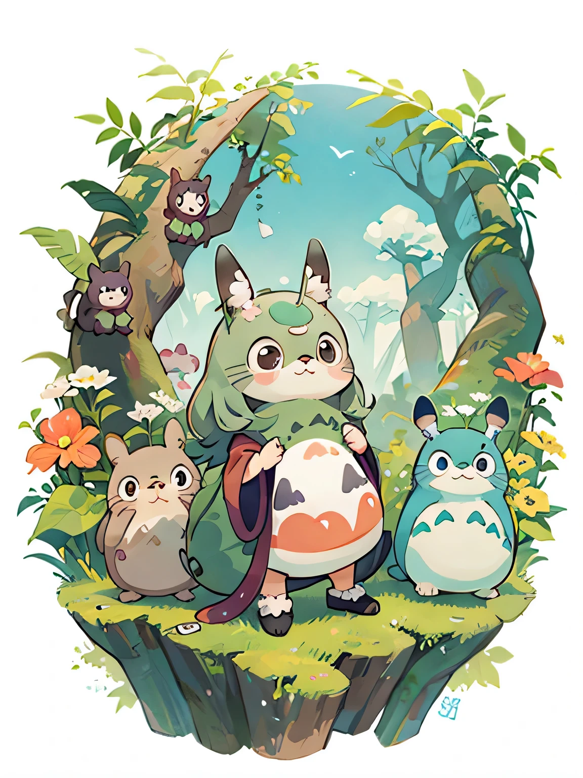 My Neighbor Totoro Style, Kawaii Design, most beautiful girl ever、Chibi, Colorful bob hair、((Lots of friends))、Totoro Forest