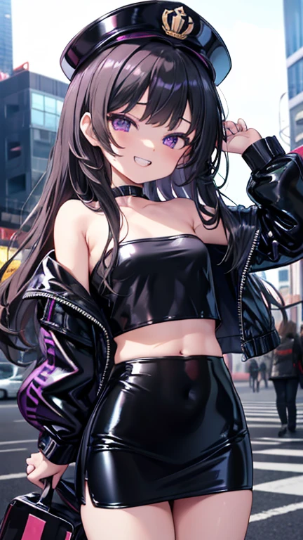 (8K、Highest image quality、highest quality、masterpiece)、detailed face、((one loli))、black hair、(long hair)、purple eyes、evil smile、open your mouth、((jagged teeth))、small breasts、Black military cap、((black jacket))、off shoulder、((shiny latex black tube top))、((strapless))、shiny、((mini pencil skirt))、cowboy shot, ((straight hair)), hime cut, hime hair cut, hime style, city square, city sidewalk, night time
