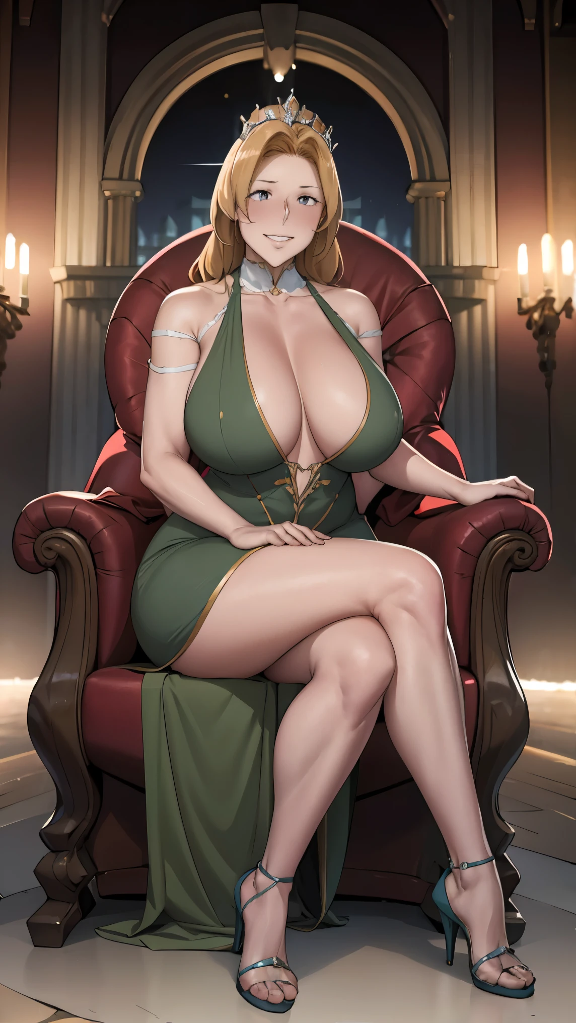 queenly green dress with extremely generous cutout, motherly-milf, soft mature expression, runnette-chestnut middle-long hair, queenly tiara, sexy sweaty glistening armpits:1.2, stilletto queenly high-heels, ((midnight)), (at isekai-fantasy castle hall at midnight), feisty woman, anime cels style, best quality, high resolution, 1girl, inspired by ntrman's work: queen who adopted a goblin, sweating, (bountiful generous breasts), swaying breasts:1.1, fleshy build, big thick arms, beautiful face, middle-long luscious brunnette-beige hair:1.1, half-lidded eyes, light-colored pupils, thin smile, [motherly face], Beautiful long legs, Beautiful body, very fertile motherly's body-shape, Beautiful Nose, Beautiful character design, bangs, purple eyes, ((bushy pubic hair:1.25)), sitting on the queen's throne - legs apart:1.35, (looking at viewer), cowboy shot, front-view full body photo:1.1, -auto