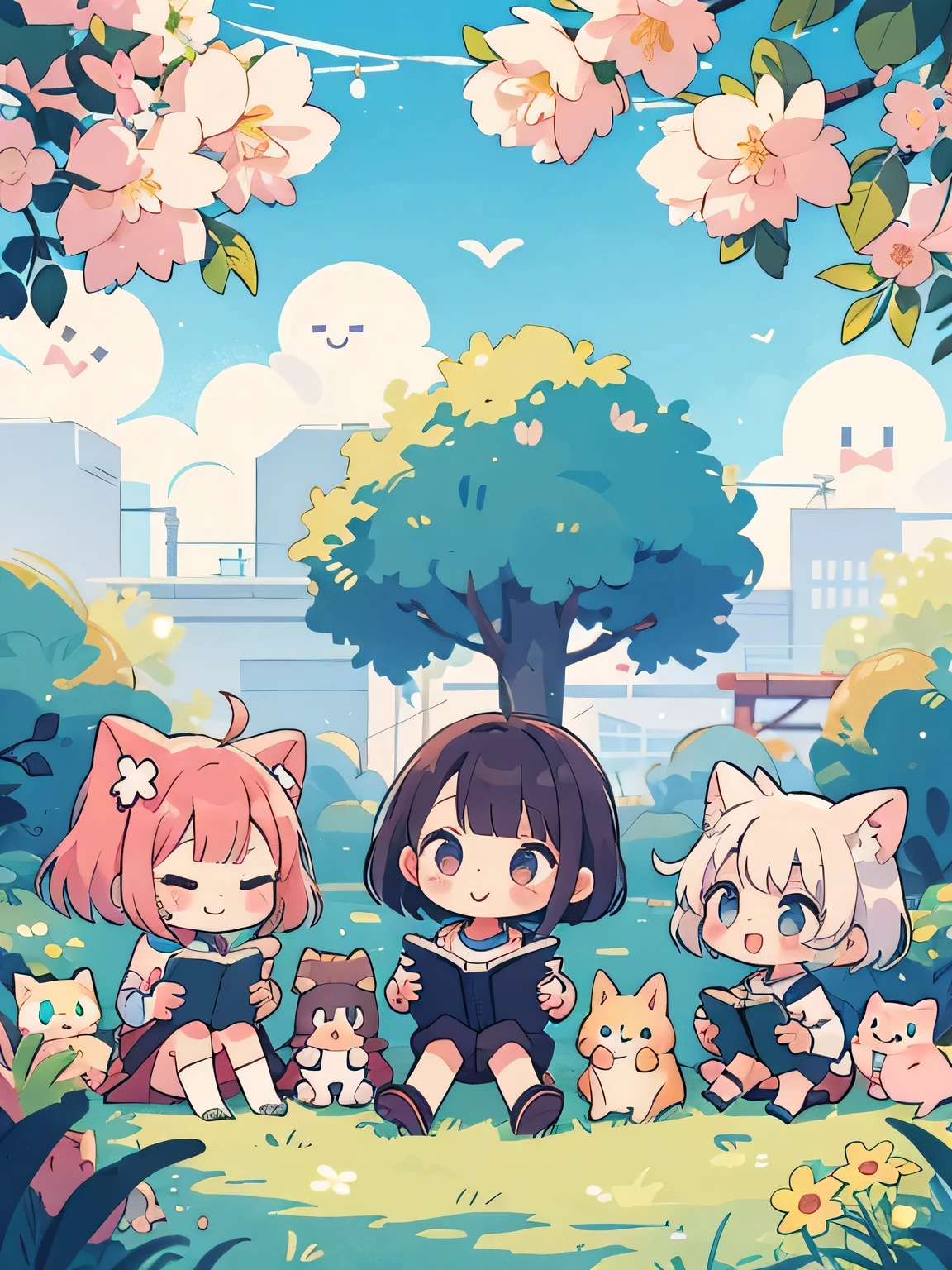 Momoko Sakura style, Kawaii Design, (((many people)))、most beautiful girl ever、Chibi, Colorful bob hair、((Lots of friends))、Studying outside together
