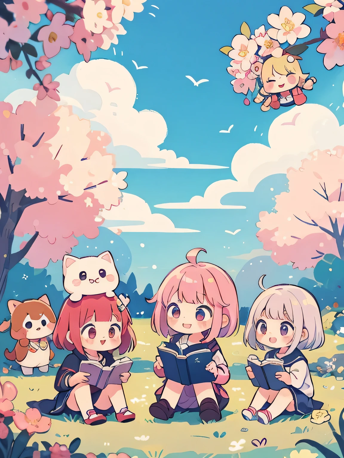 Momoko Sakura style, Kawaii Design, (((many people)))、most beautiful girl ever、Chibi, Colorful bob hair、((Lots of friends))、Studying outside together