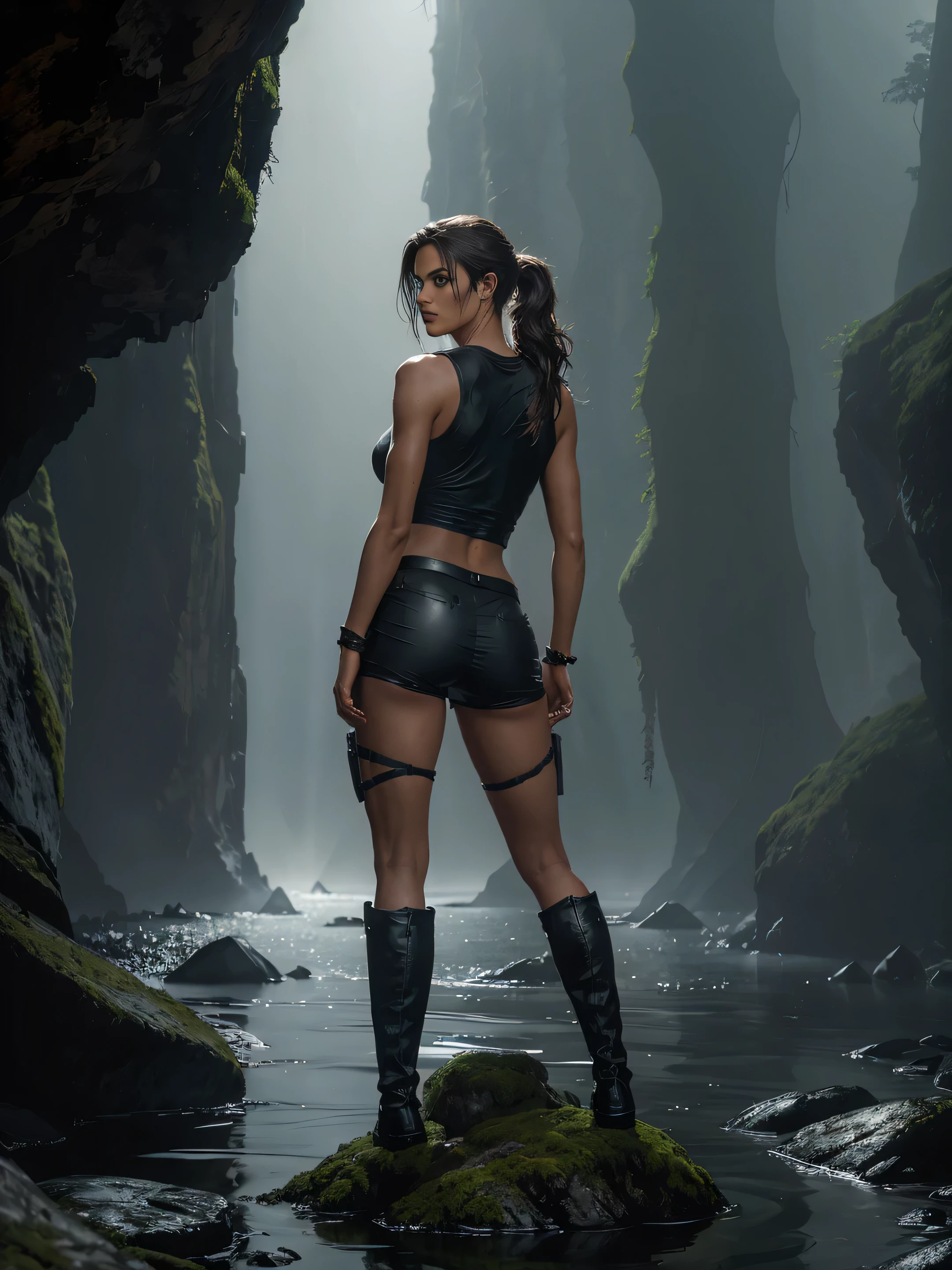 full body sexy lara croft, back view, long brown ponytail, tight brown leather shorts that highlight her muscular boyish bottom, tight sleeveless ripped t-shirt that highlights her thin waist and broad shoulders, leather boots that highlight her long muscular legs, standing on a rock face and looking at a distant waterfall, (realistic, photorealistic, photorealistic:1.37 ), Horror, dark and gloomy atmosphere with dramatic lighting, Vivid colors, Foggy environment, moss-covered rock, detailed facial expressions, long wavy hair floating in the water, Mirror images on the surface of the water, Horrible fog