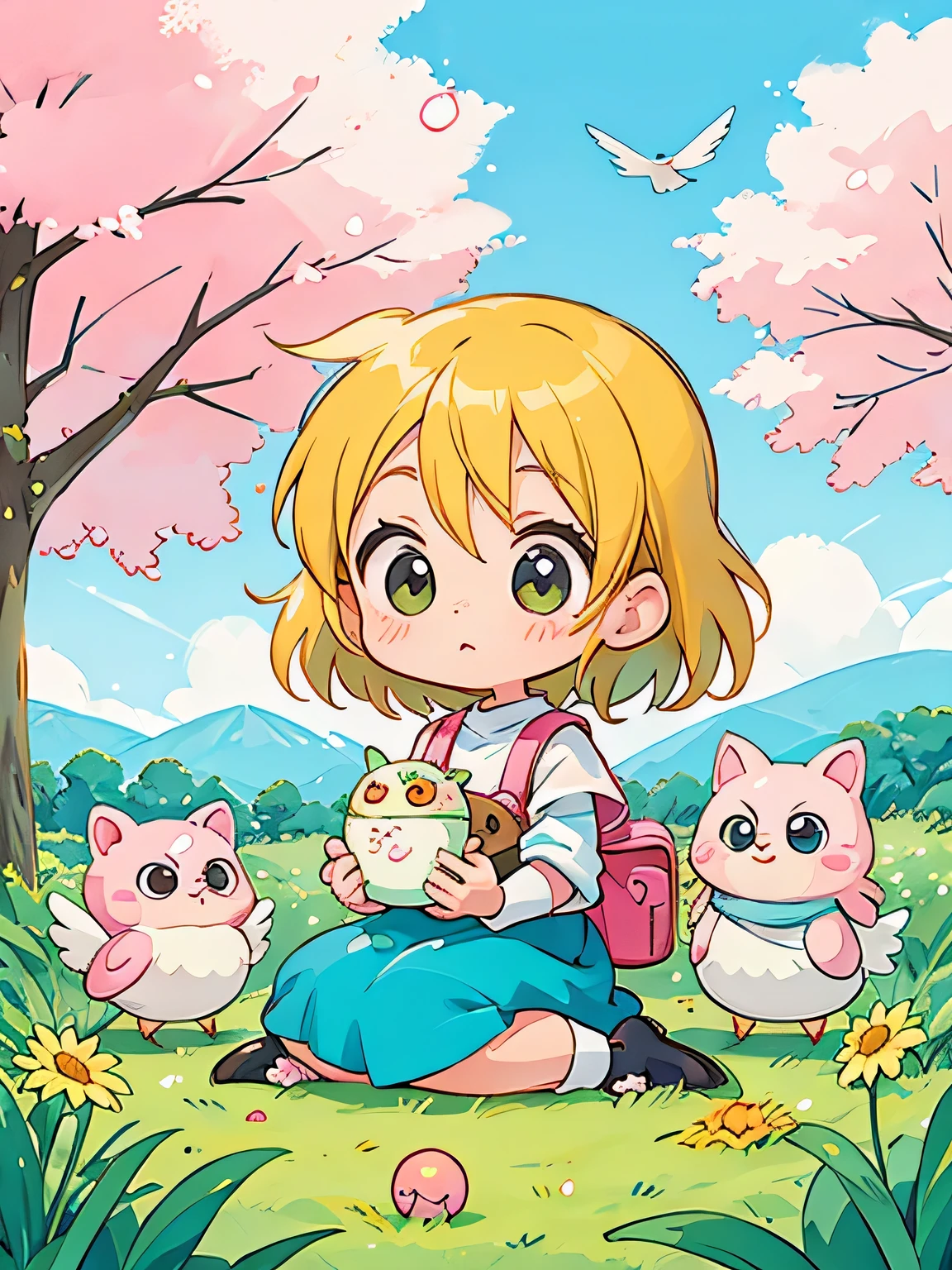 akira toriyama style, Kawaii Design, most beautiful girl ever、Chibi, beautiful spring afternoon、birdie、Cherish your time