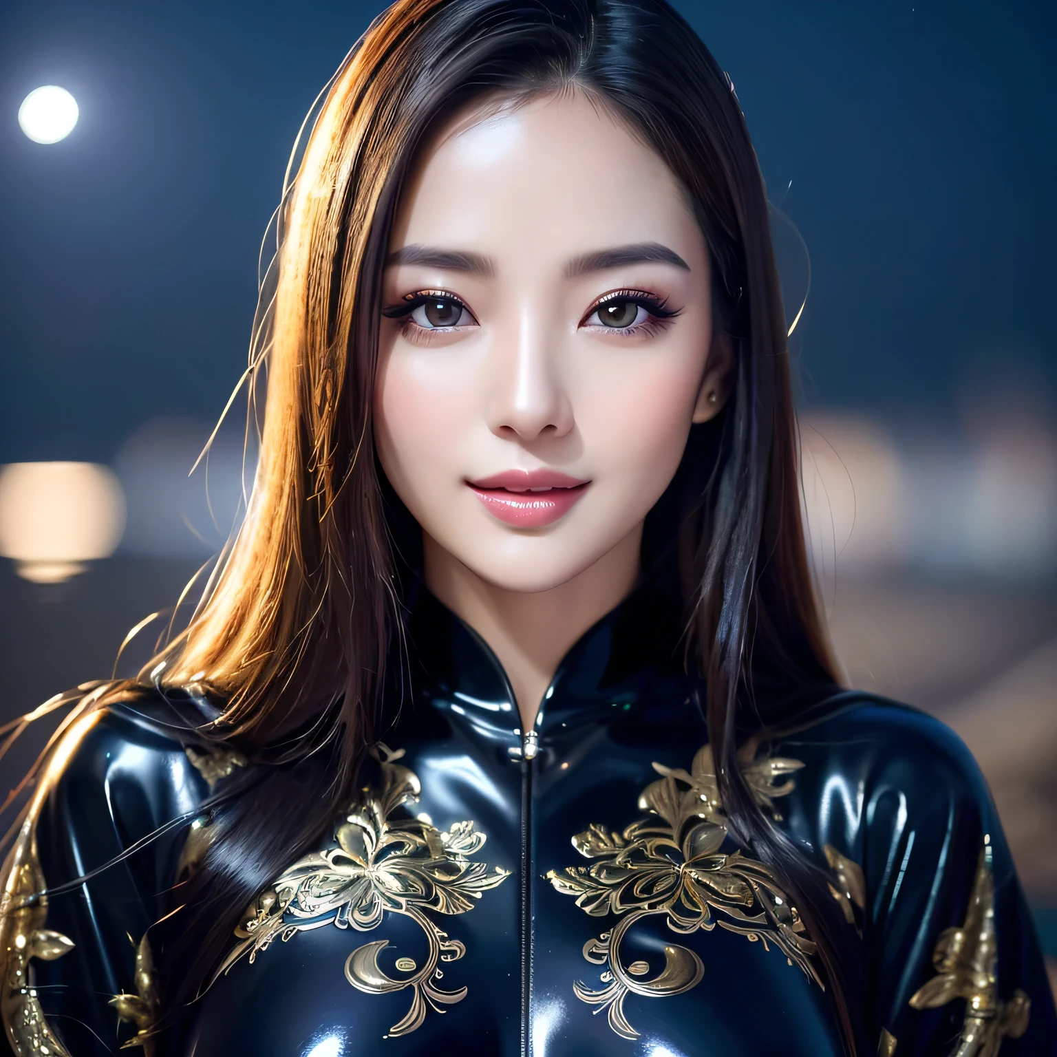 Beautiful woman in kimono,body portrait、8k,fine and beautiful eyes,Dindal effect、masterpiece, 最high quality, high quality, High resolution、very detailed photos、(natural skin texture、fine skin、hyper realism、Super sharpness)、high detail skin、(very detailed、fine skin texture、intricate details、beautiful face、(lifelike face)、realistic eyes、beautiful and detailed eyes、real looking skin、beautiful skin、surreal、very detailed、golden ratio、with smiling eyes、((night moonlight background))、body portrait、G cup、big breasts,glamorous,shiny bodysuit