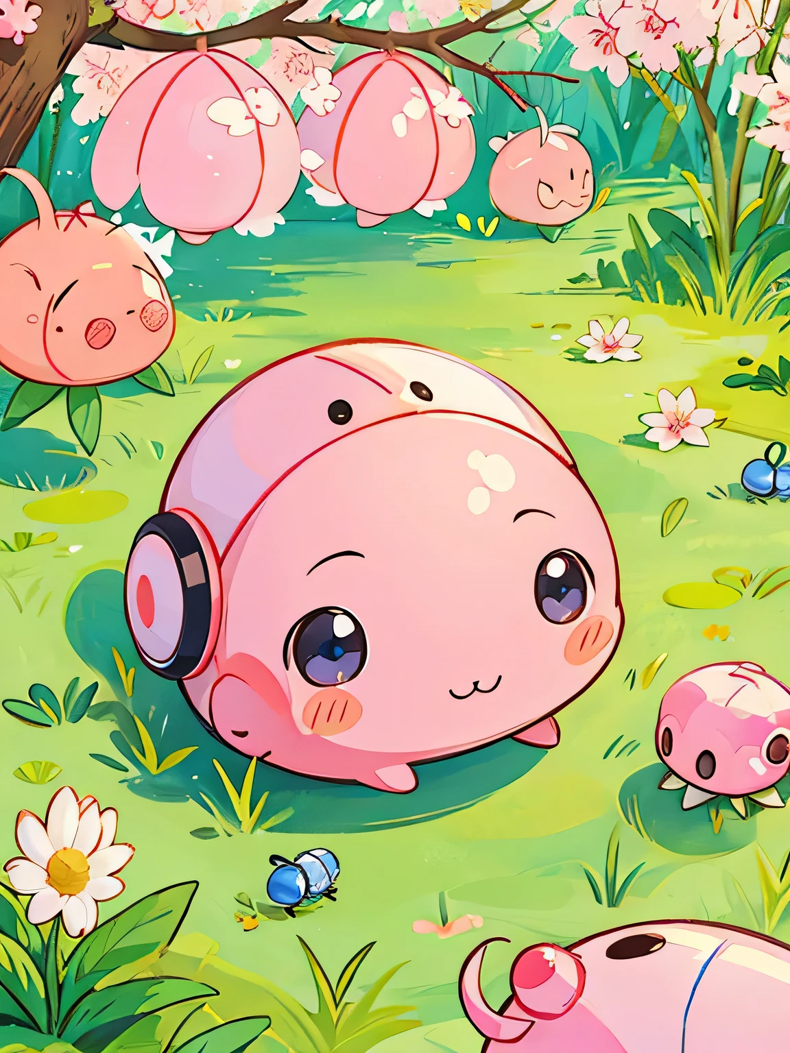 Momoko Sakura style, Kawaii Design, Chibi, beautiful spring afternoon、lovely colorful pillbug