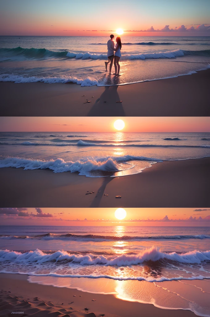 Create a hyper realistic photo contain an outstanding scene of sunset on a beach and a couple lover, they splashing the water each other