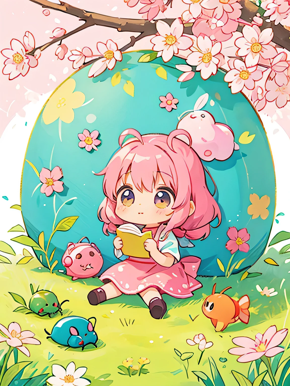 Momoko Sakura style, Kawaii Design, Chibi, beautiful spring afternoon、lovely colorful pillbug