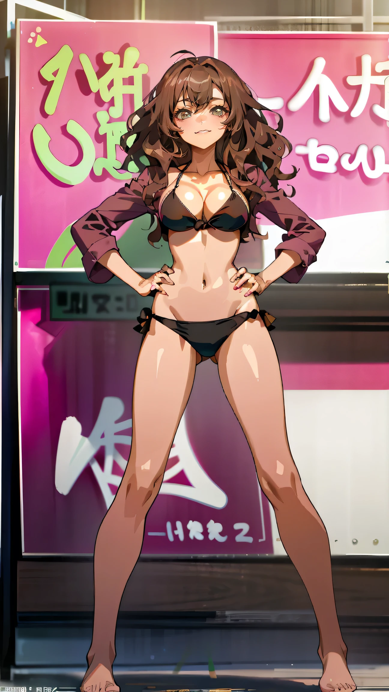 Masterpiece, best quality, Masterpiece, best quality, 1 woman, wavy brown hair, smile , sly face , pink bikini , abdomen, big breasts , Long legs , Barefoot , hands on hips , convenience store