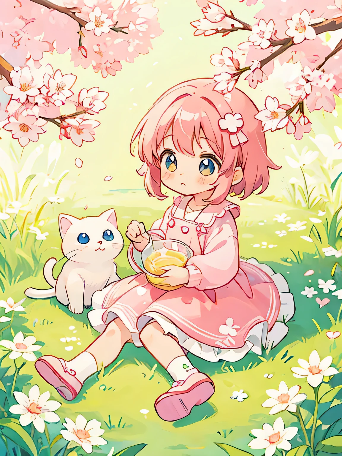 Momoko Sakura style, kawaii design, lovely baby kitten, Beautiful spring noon
