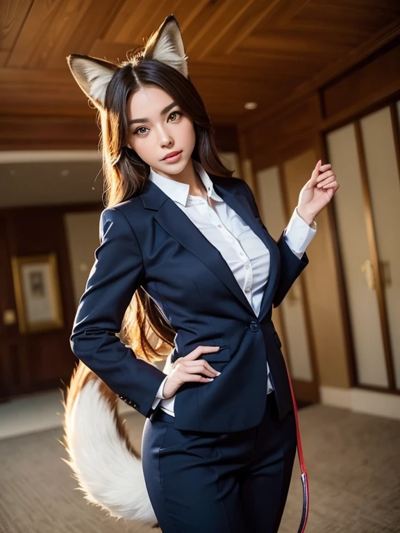 ((highest quality)), ((masterpiece)), (Get used to it), Perfect Face, Fox Girl, Beautiful woman, public, There is a tail, She has a fluffy tail, she has a fox tail, She wags her tail, Troubled face, Collar and leash, She wears a business suit, Beautiful Hips, Big tail, His tail is sticking out from his business suit