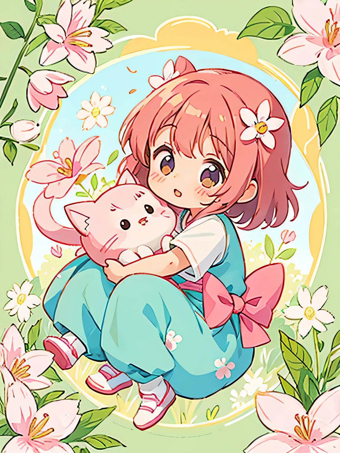 Momoko Sakura style, kawaii design, lovely kitten, Beautiful spring noon