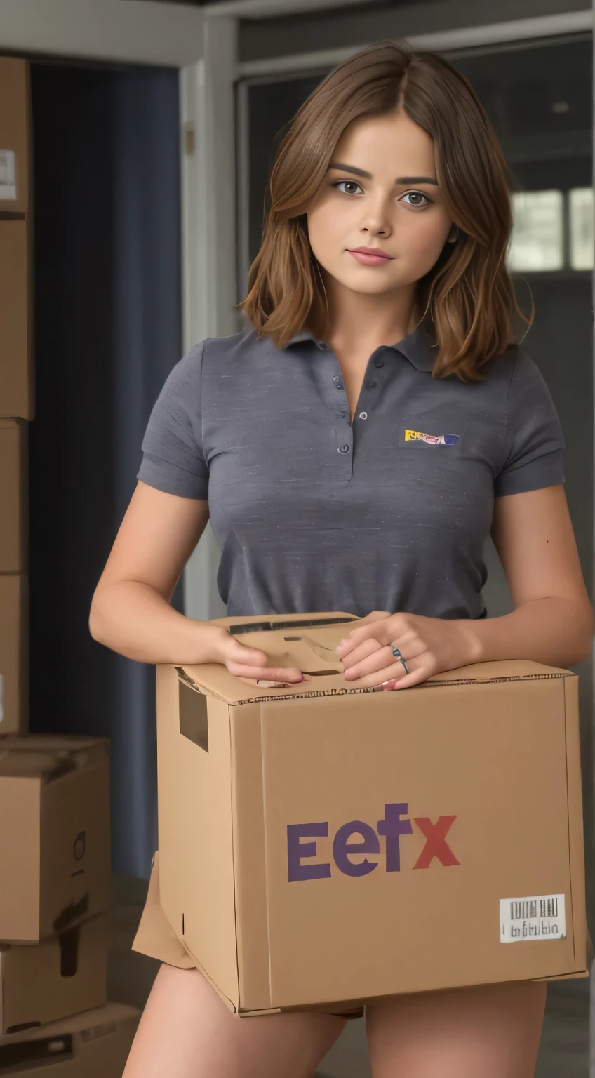25-year-old (looking like jenna coleman) wearing a FedEx delivery driver uniform, short skirt, brown high heels, holding a cardboard box, large breasts, not exposed,, dramatic, ultra-high res.photorealistic:.1.4, (high detailed skin:1.2), 8k uhd, dslr, high quality, film grain, Fujifilm XT3