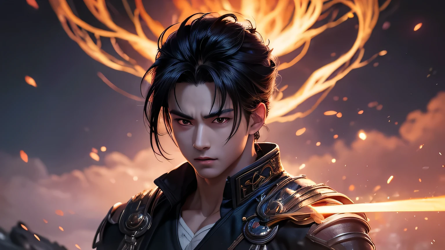An 8k masterpiece, highest resolution, every detail, meticulous detail, depth of field, bright colors, beautiful composition: anime character Gohan impresses with his black hair and glowing eyes Beautifully detailed lighting, standing against a dark and ominous background. This handsome demon slayer is the epitome of bad guys in the fantasy art. wearing a shirt.