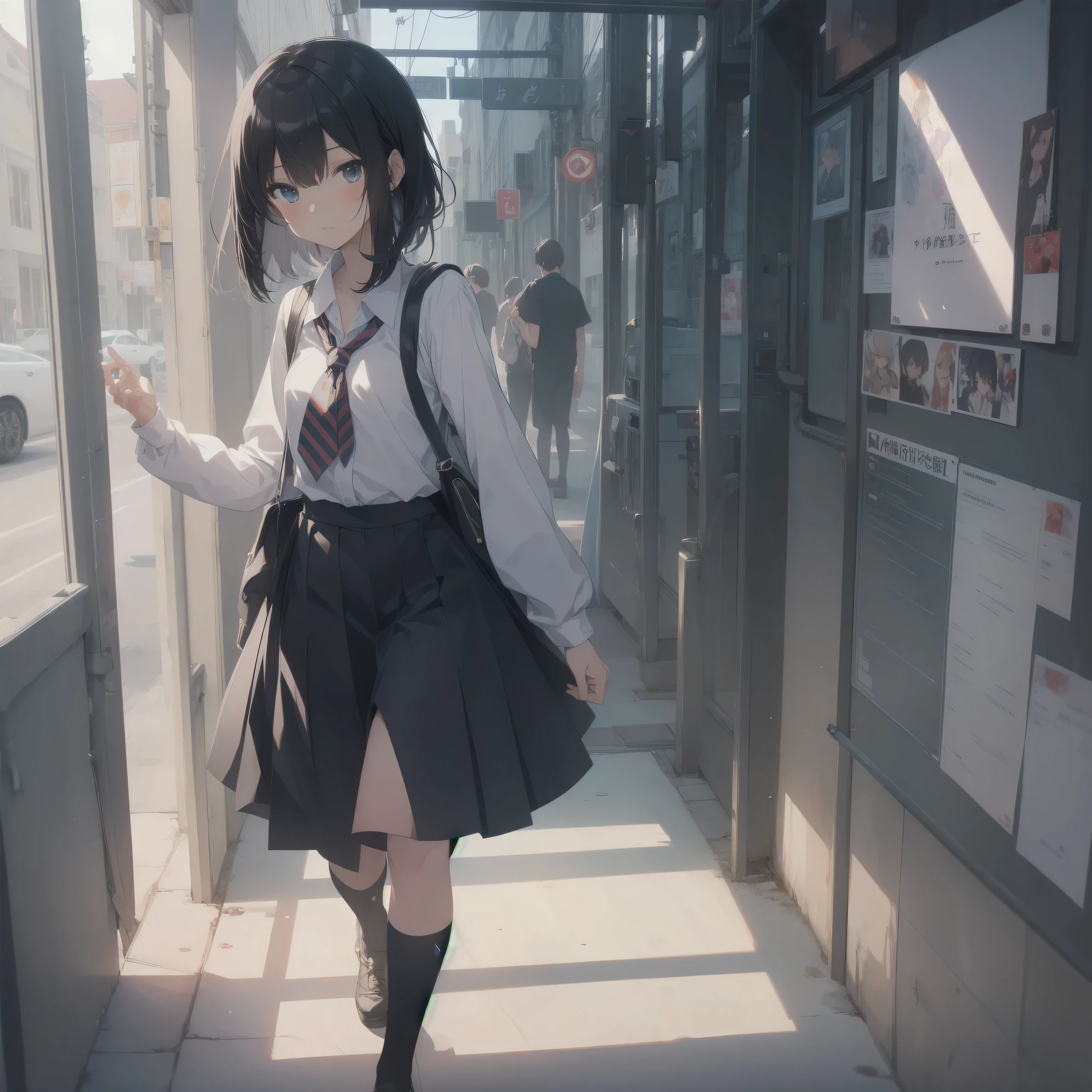 ultra-absurdres-Top quality by artist God, ultra-detailed, high resolution, anime moe artstyle, best anime 8k konachan wallpaper, pixiv contest winner,pool:2810, perfect anatomy,break, 1girl, (Please draw a girl walking sleepily to school alone. )break,(Solo,little female, 13-year-old:1.3),Full limbs, complete fingers,a junior high school student, (very short hair), short cut, flat chest, , small butt, small black eyes, beautiful detailed eyes, well-proportioned iris and pupils, expressive eyes, highres detailed hair, soft expression, school_uniform, official_alternate_costume, neckerchief, collared shirt. pleated skirt,(Detailed Lighting), (Detailed background), in the School commute route. break,super detailed skin, Best cinematic lighting powered by famous artist, 8k,beauty illustration,photoshop_(medium),very aesthetic,break,((artist:ciloranko )), artist:bolze ,artist:oyari_ashito ,artist:kantoku ,