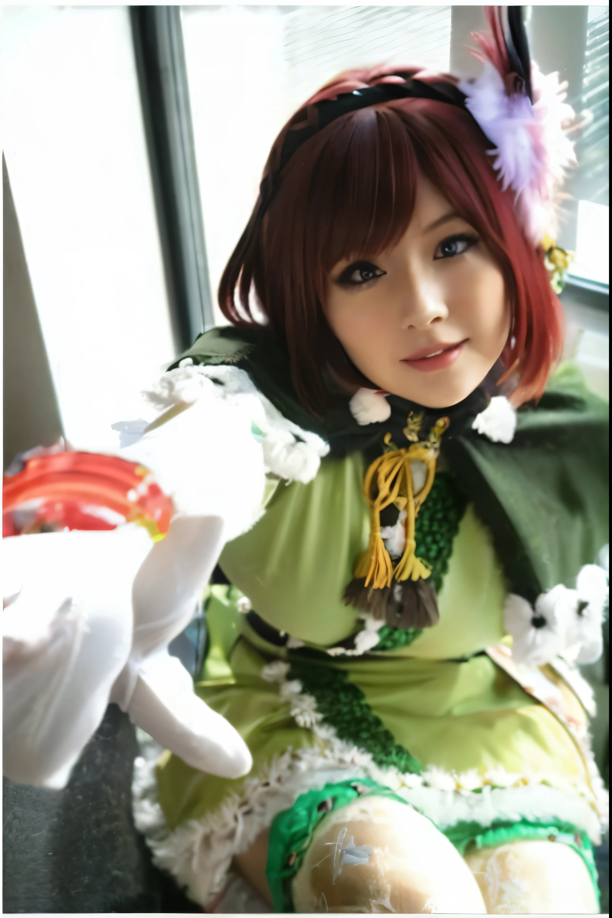 A red-haired girl with short hair and green eyes  big breast 