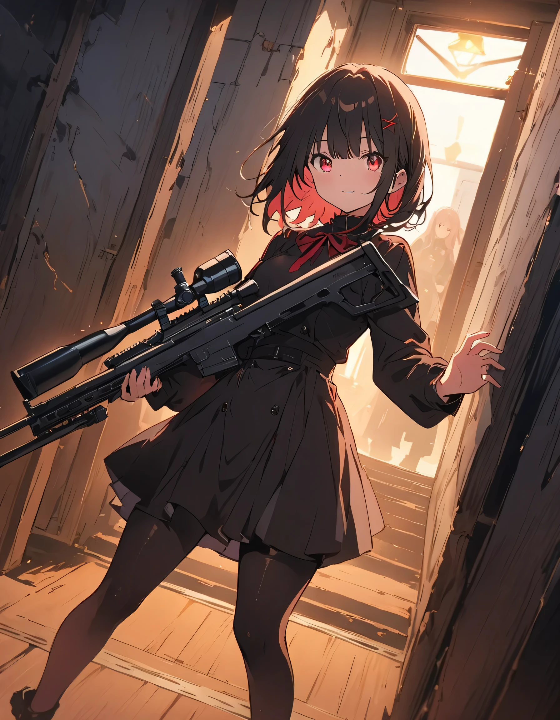 (highest quality、masterpiece、High resolution、detailed)、anime style、Flat Style、(Shining Eyes、Beautiful Face),  1 girl、masterpiece, highest quality, anime, Highly detailed face, Very detailed eyes, Highly detailed background, Perfect lighting, One girl, alone, whole body, (Lie face down on the floor with a sniper rifle aimed at you), Latex Legwear, Cool black outfit, Redhead, Amulets、Outdoor、(Rooftop)、(sniper rifle:1.4、Sniper at a distance:1.2) 、(highest quality、masterpiece、High resolution、detailed)、anime style、Flat Style、(Shining Eyes、Beautiful Face),  BREAK,1 girl、extremely detailed(The Shining), Best lighting, Best Shadow、High saturation、Dynamic Angle、anime