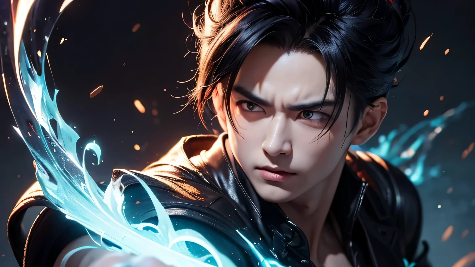 An 8k masterpiece, highest resolution, every detail, meticulous detail, depth of field, bright colors, beautiful composition: anime character Gohan impresses with his black hair and glowing eyes Beautifully detailed lighting, standing against a dark and ominous background. This handsome demon slayer is the epitome of bad guys in the fantasy art. wearing a shirt.